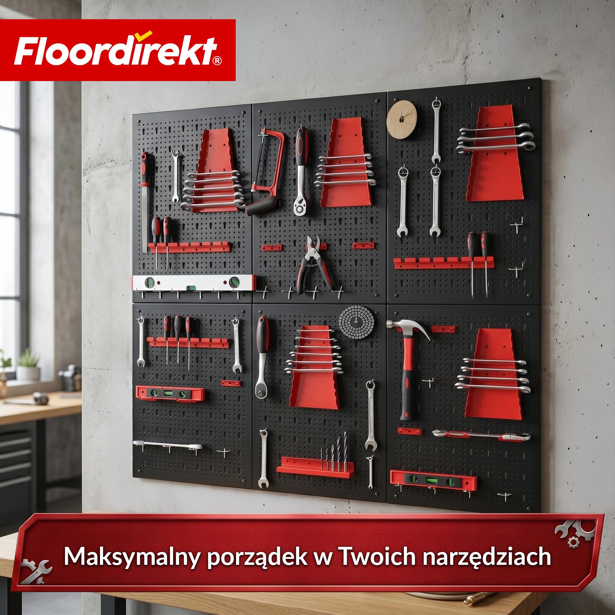 Floordirekt Narzędzie ściana perforowana z metalu 240 x 60 cm, płyta perforowana – zestaw 6 płyt, do stołu warsztatowego, garażu, wyposażenia warsztatowego