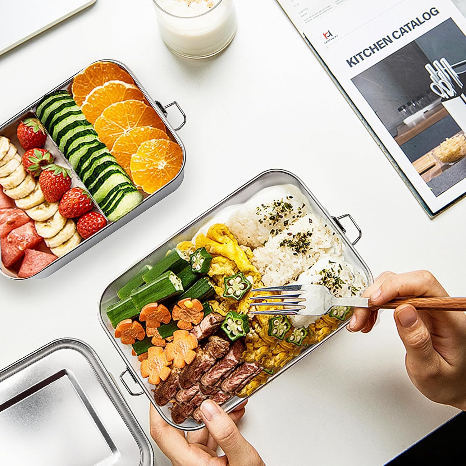 Stainless Steel Bento Box - Lunch Food Container - Large 47 oz Metal Lunch Box - 2 Compartments Food Container with Lock Clips - Dishwasher Safe 1400ML - Image 4