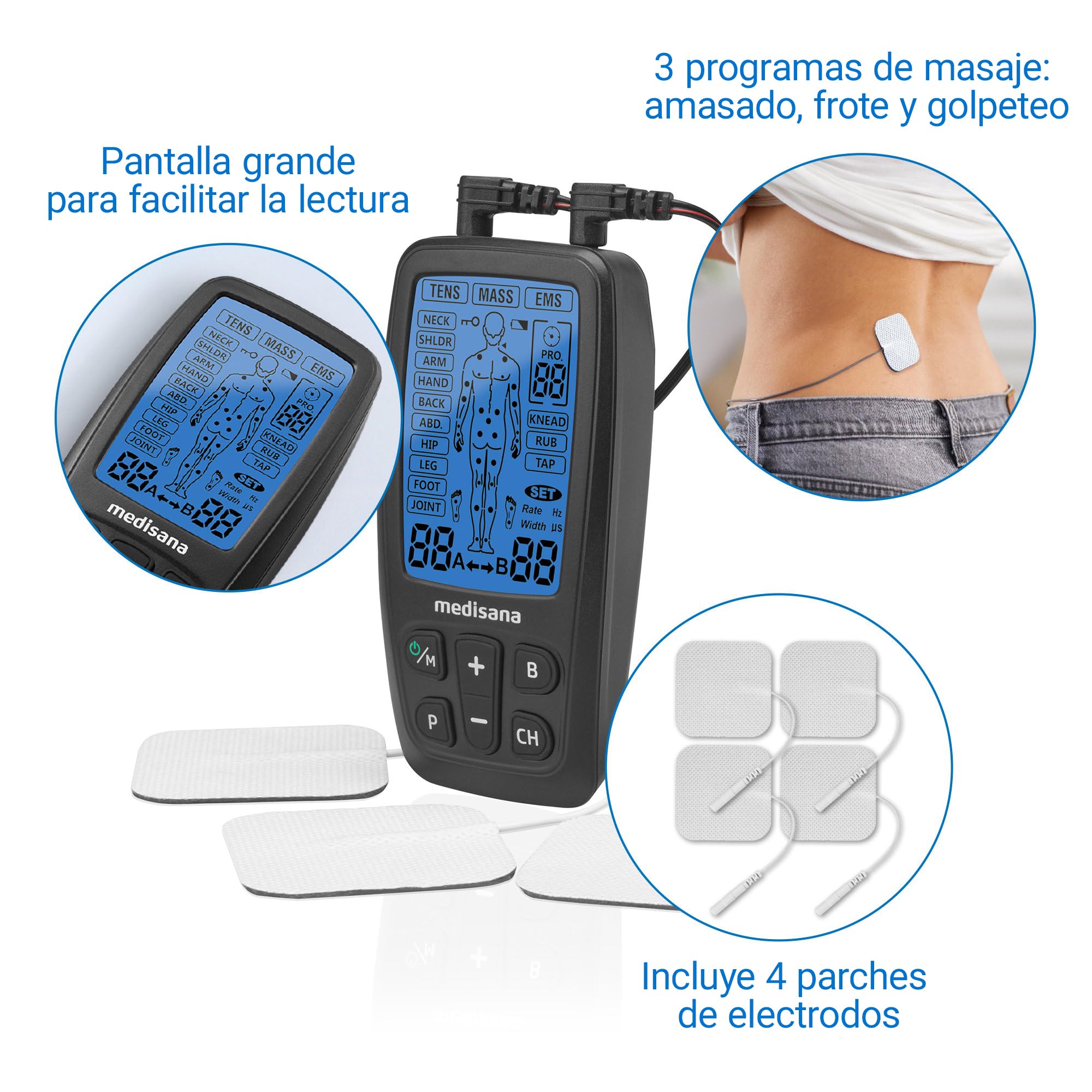 Medisana TT 205 TENS, aparato de corriente de estimulación EMS con 60 programas aparato profesional de electroterapia relajación muscular y alivio del dolor en espalda, cuello, hombros, abdomen