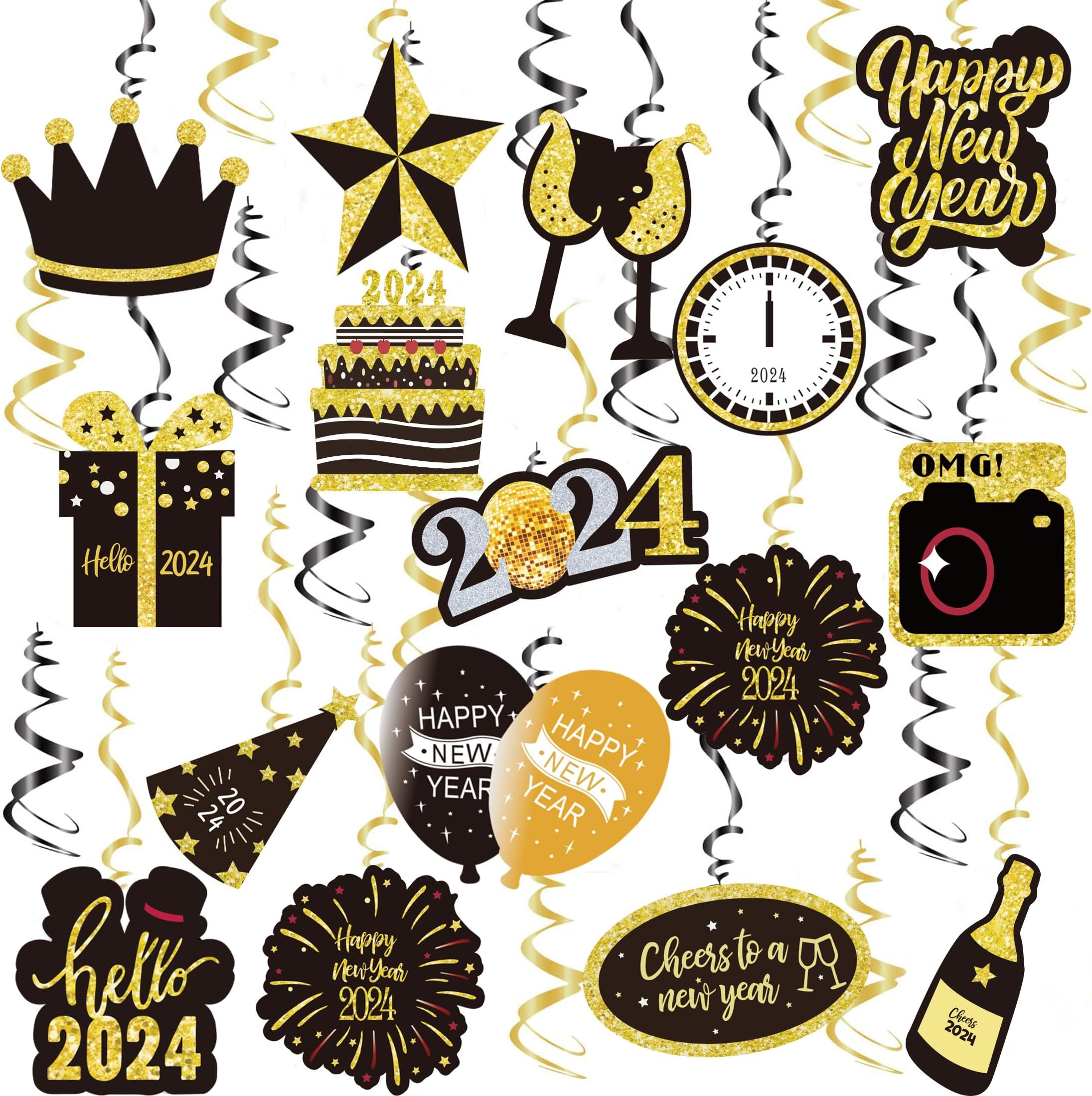 30 PCS New Years Eve Decorations 2024, Black and Gold Happy New Year Hanging Swirl Decorations for New Years Eve Party Supplies Decorations