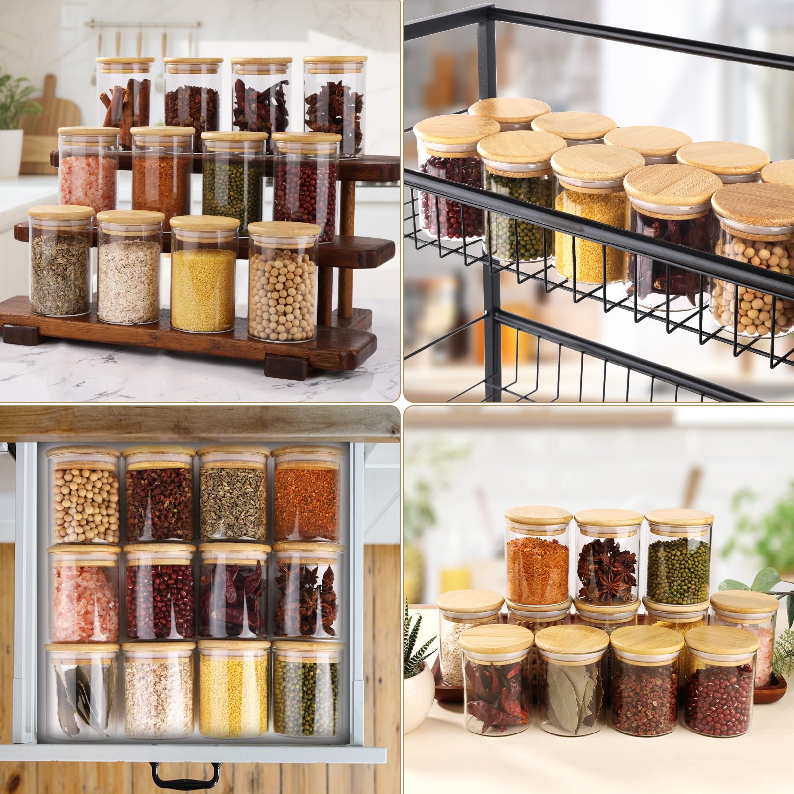 12 Pot a Epices Ronds, 250ml Bocaux à Épices en Verre et Bois, Bocaux en Verre Hermetique Récipient à épices, Boite Epices Cuisine Rangement, ⌀6,5cm x 10,5cm