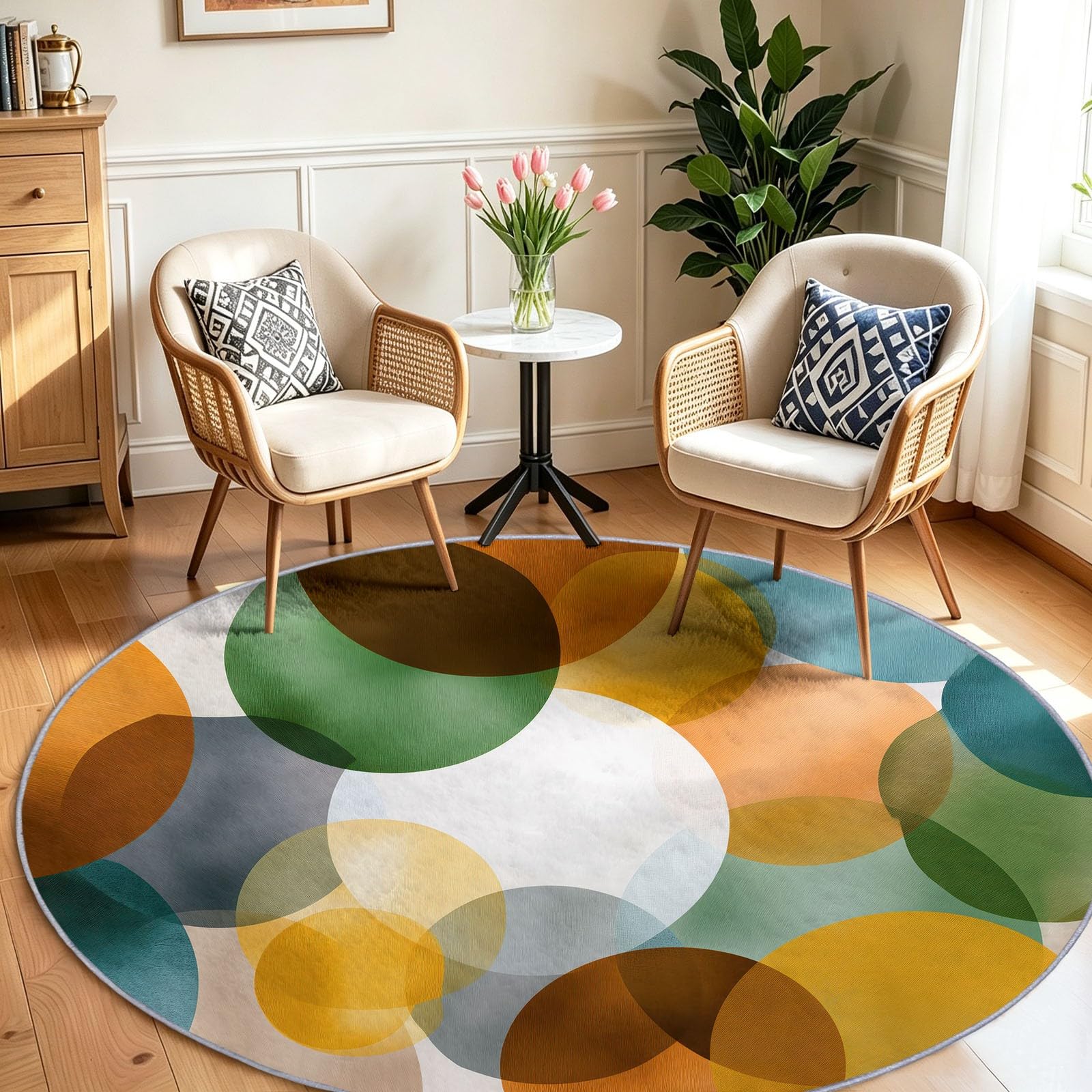 Tapis Rond Géométrique Lavable pour Salon 120 cm Vert