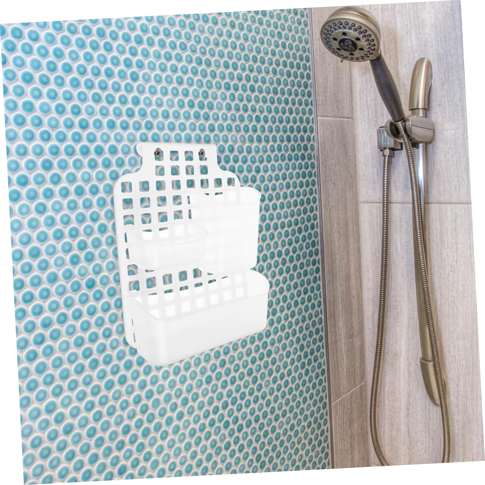 BESTYASH Cestello Portaoggetti Doccia a Doppio Strato in Pp Bianco | Installazione senza Fori Ganci, Facile da Pulire, Soluzione Compatta per Accessori da Bagno