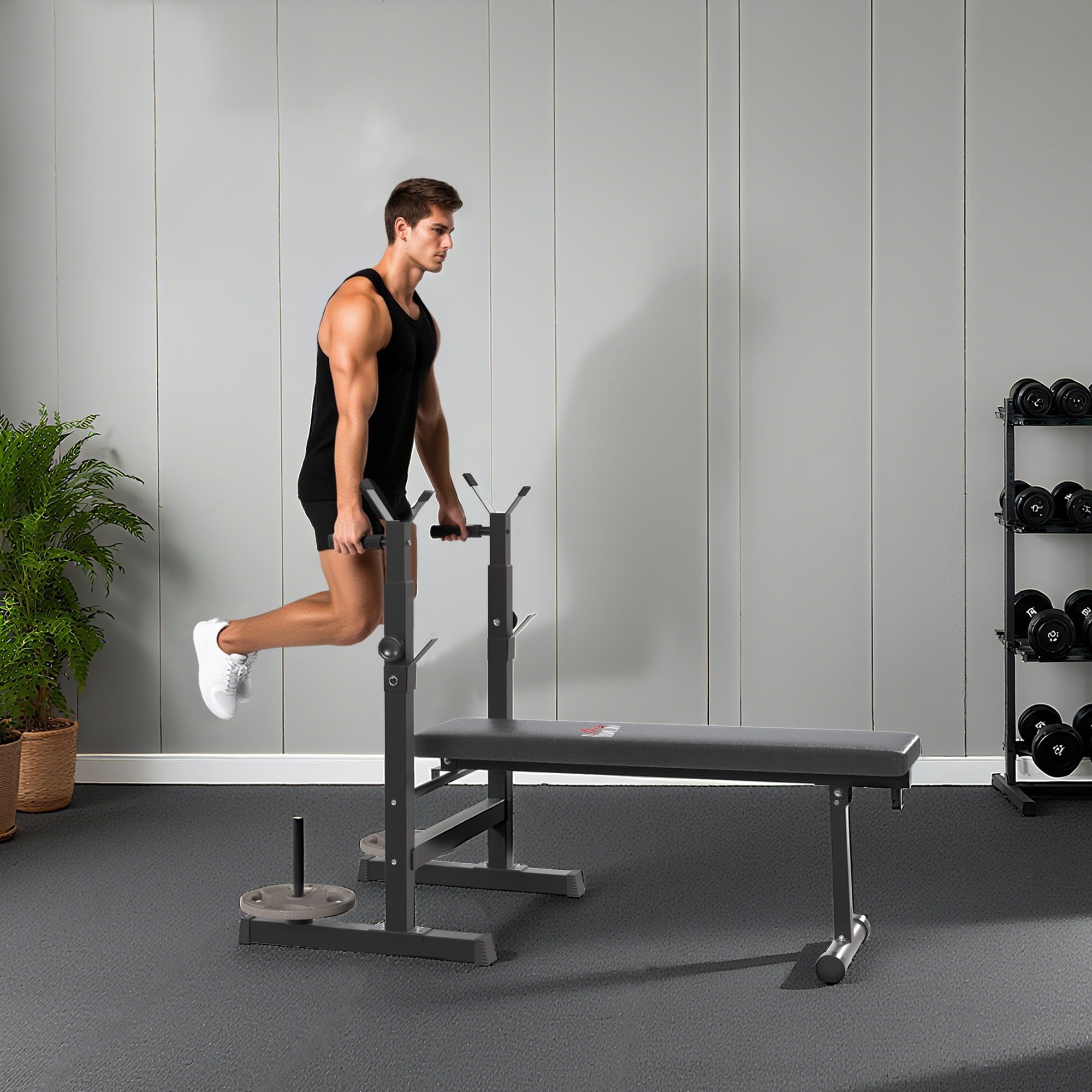 HOMCOM Panca da Palestra Pieghevole con Supporto per Bilanciere Regolabile in 8 Posizioni, Panca Pesi in Acciaio e PU per Palestra Casa, Portata 220 kg, 140x73x98-122 cm