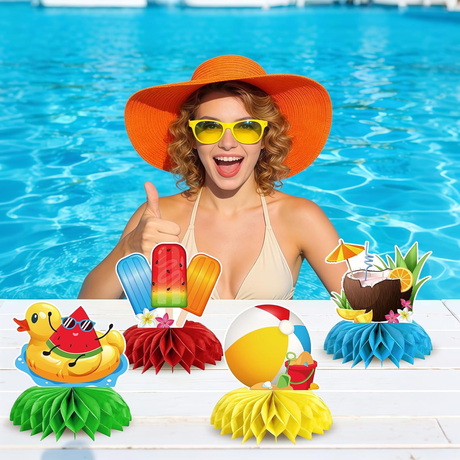 9Pcs Summer Party Decorations Honeycomb Centerpieces, Hello Summer 3D Table Toppers for Tropical Beach Pool Birthday, Luau Table Decorations Set For Beach Party Favors Supplies