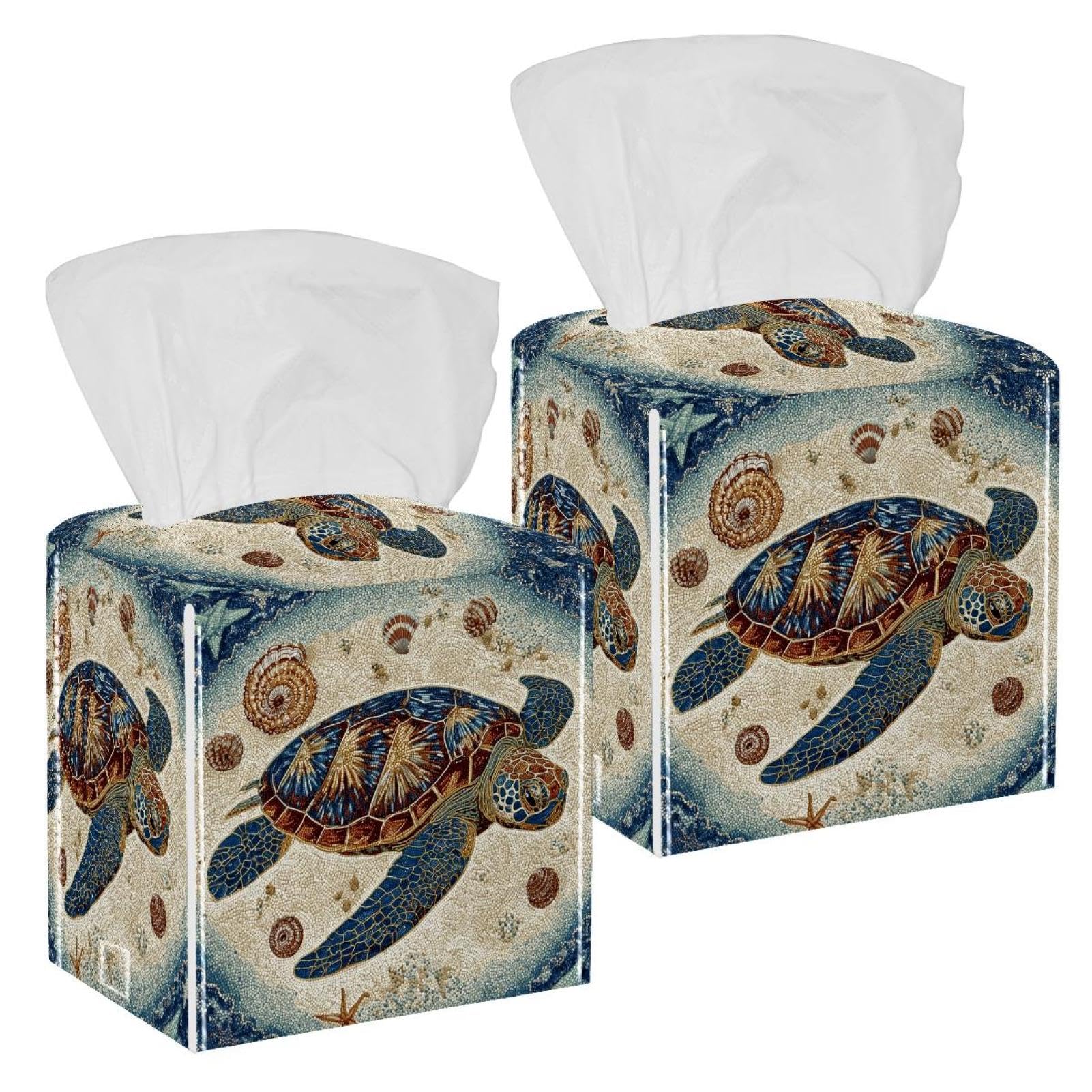 Sea Turtle Tissue Box Cover, 2 Pack PU Leather Square Facial Tissue Dispenser Box holder for Home Office Car