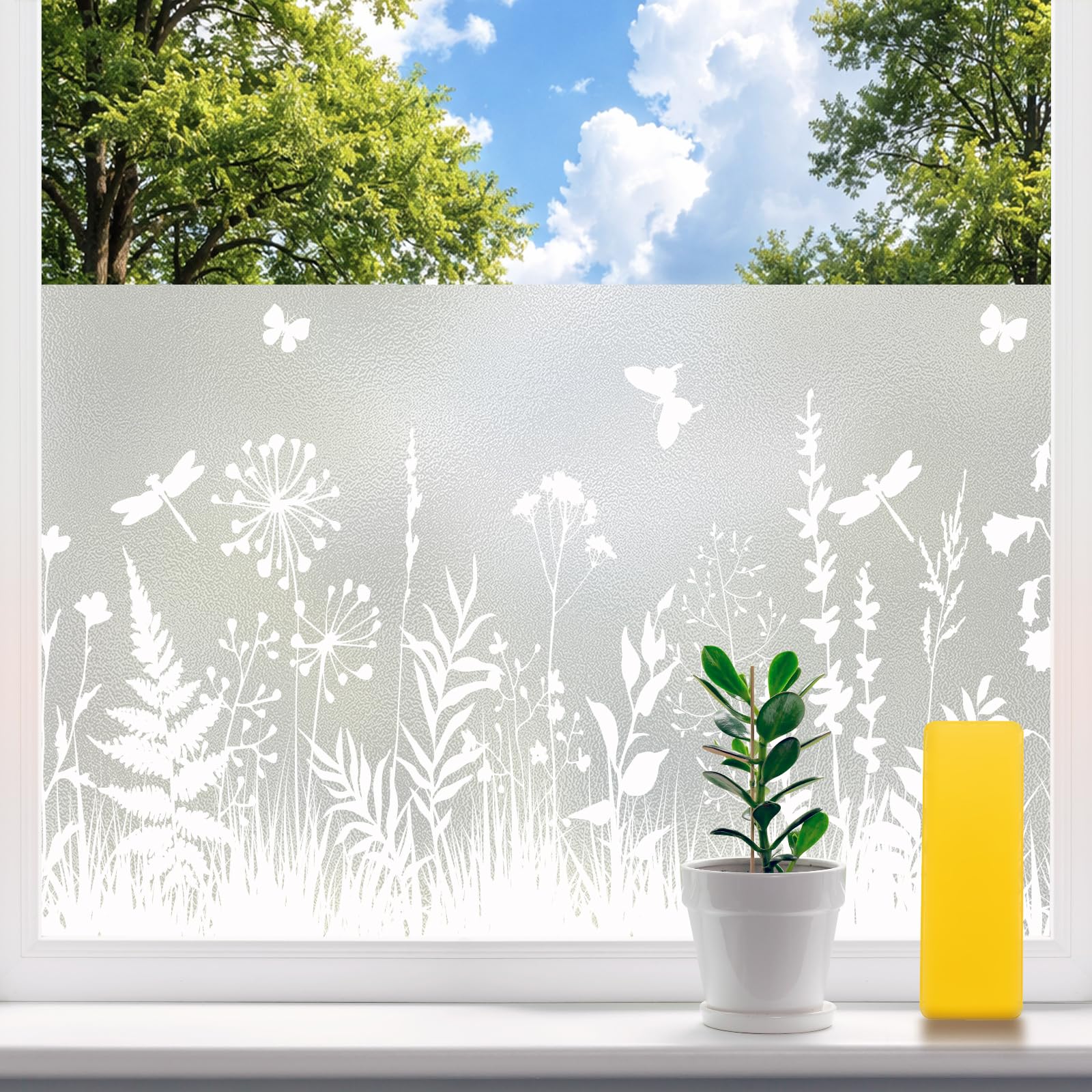Weeoley Frosted Window Film Privacy 119.5x200cm, Floral Pattern Privacy Window Film for Glass Windows Static Cling Opaque Decorative Glass Film No Glue Easy to Apply for Bathroom Home Office