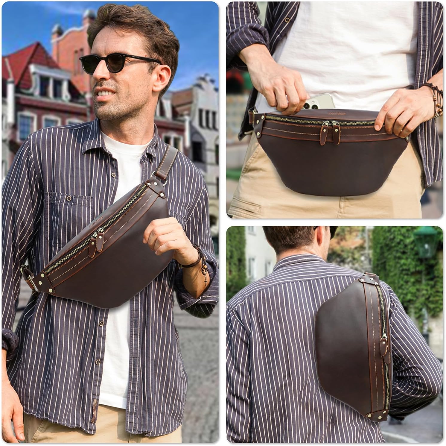 Top Grain Genuine Leather Slim Fanny Pack for Man & Woman, Minimalist Vintage Design, Handmade with Detachable Hardware, Slim Waist Pack Large Crossbody Belt Bag for Traveling or Riding, Coffee - Image 3