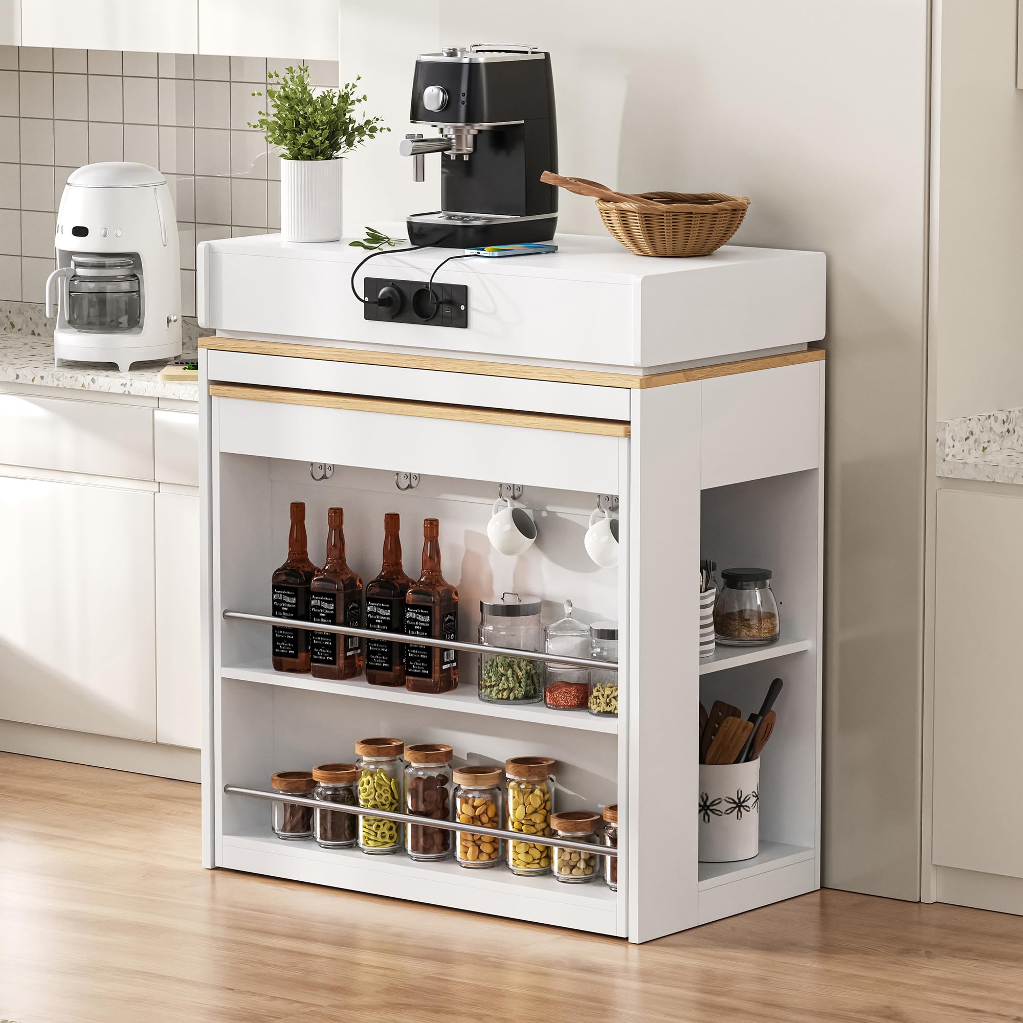 Bladez Isla de cocina moderna con mesa extensible y enchufes, isla de cocina con espacio de almacenamiento, armario de cristal y ganchos, mesa de bar multifuncional o aparador para cocina y comedor
