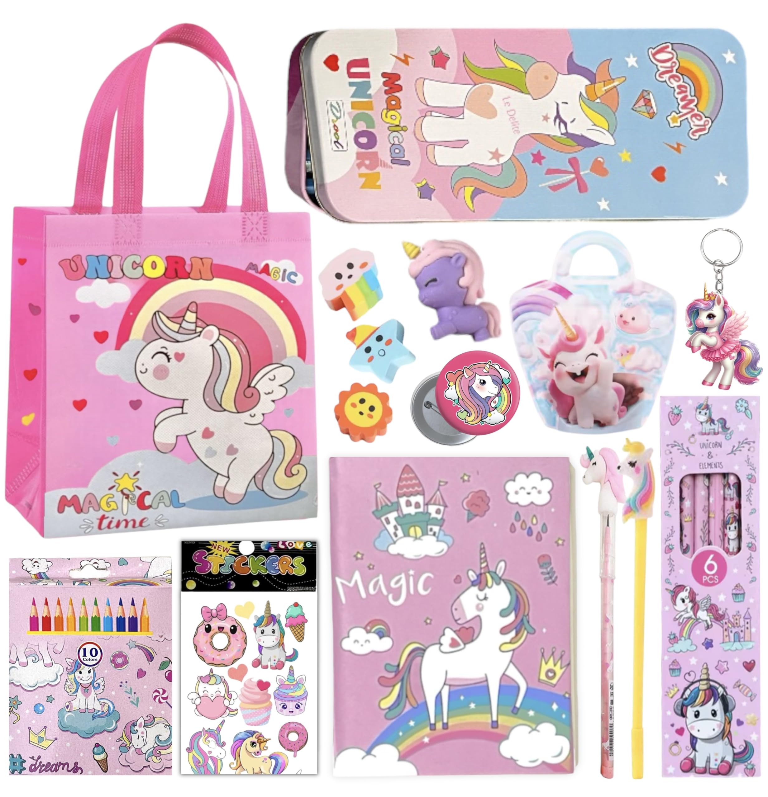 TOOYEP 15 Pcs Unicorn Gift Combo Set For Girls Kids Unicorn Theme Gift Bag Stationery Set Age 6-8 Years 10-12 Year I Diary, Stickers, pen, pouch, scale, badge, Eraser, Wallet & Carry Bag (rose pink)-picture-26