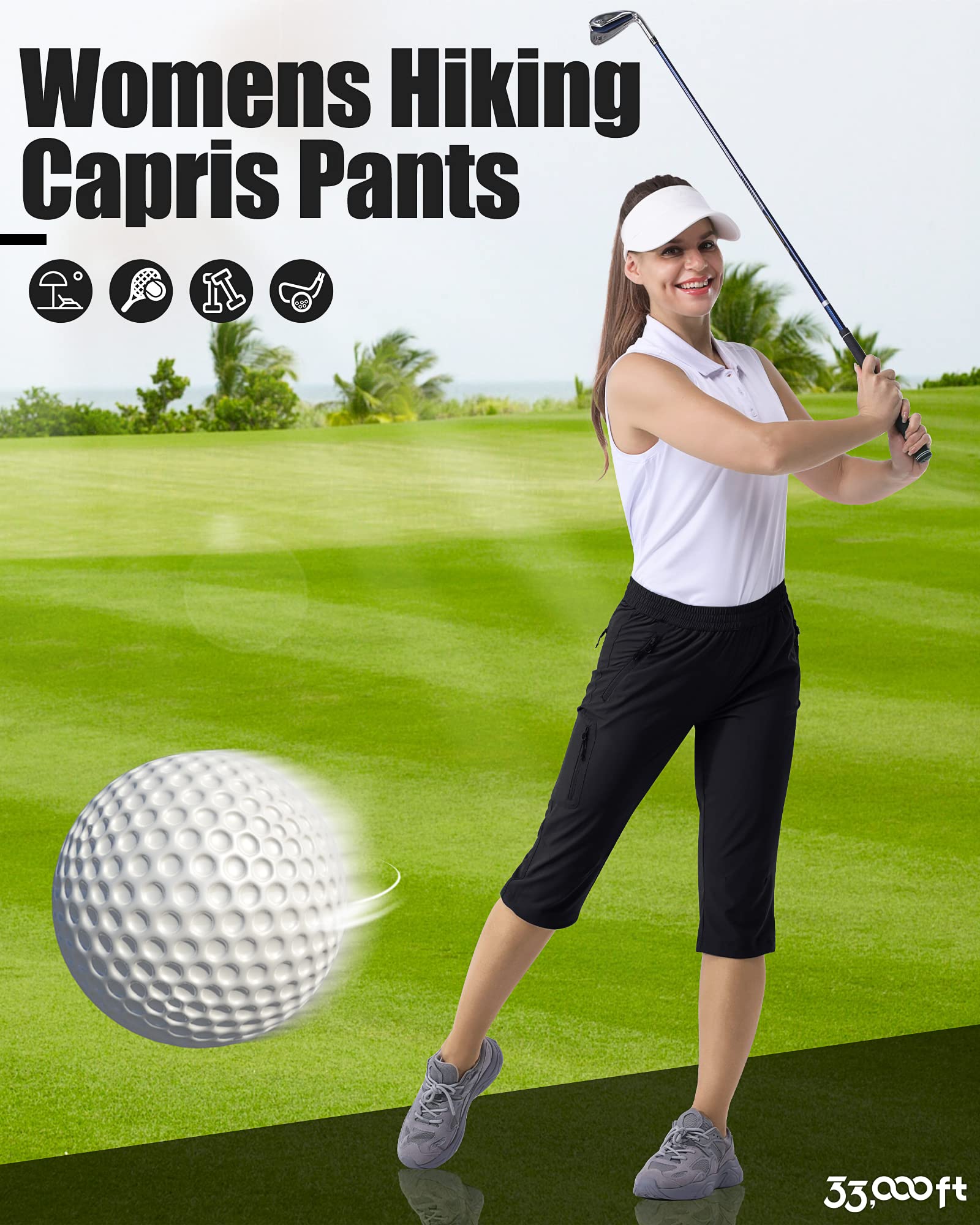33,000ft Damen 3/4 Hose Capri Wanderhose Stretch Leichte Radhose Taschen Sommer Outdoor Golf Hose