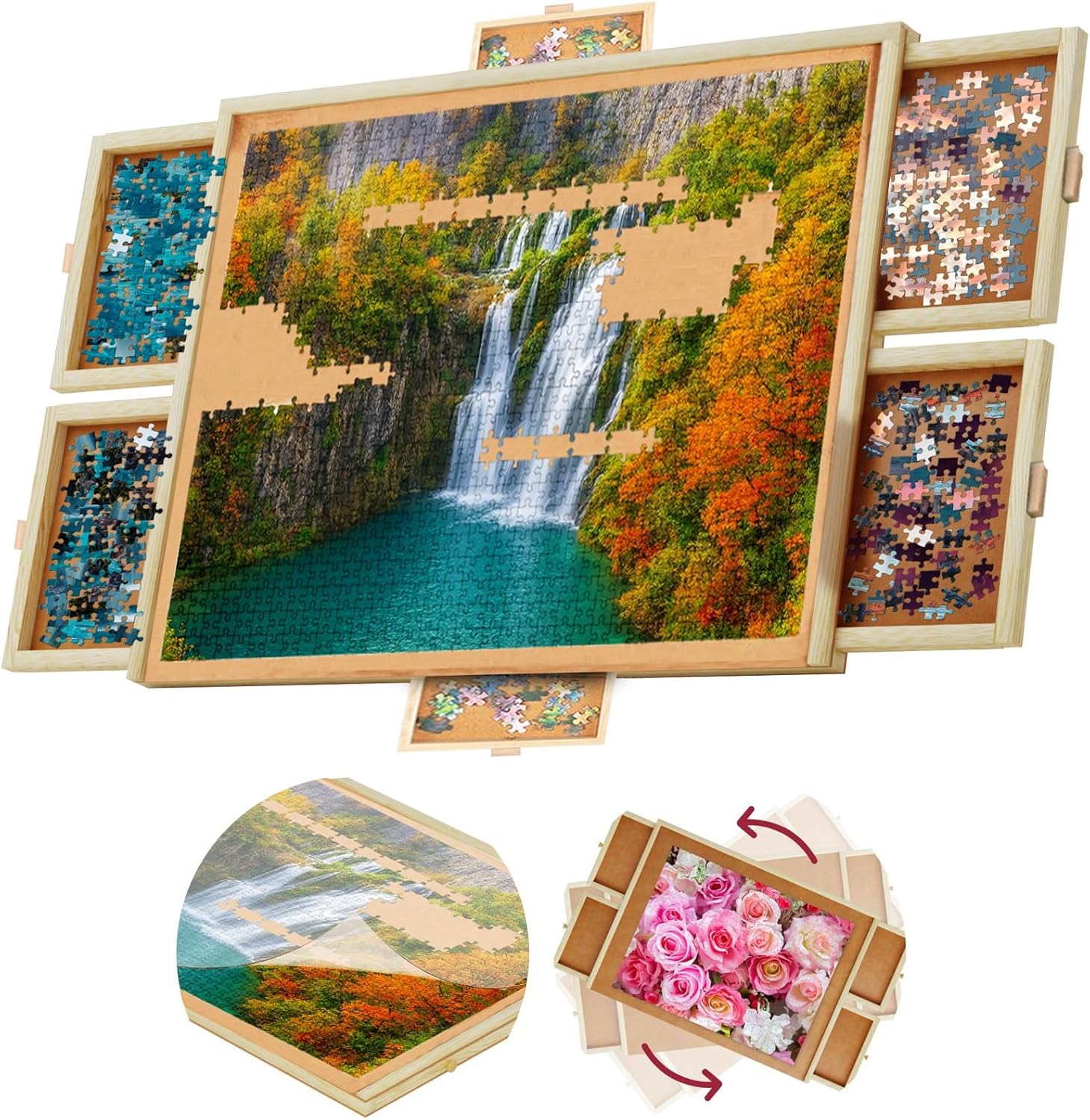 1500 Piece Wooden Jigsaw Puzzle Board - 6 Drawers, Preassembled Rotating Puzzle Table | 35” X 28” Jigsaw Puzzle Board | Puzzle Cover Included - Portable Tables for Adults and Kids