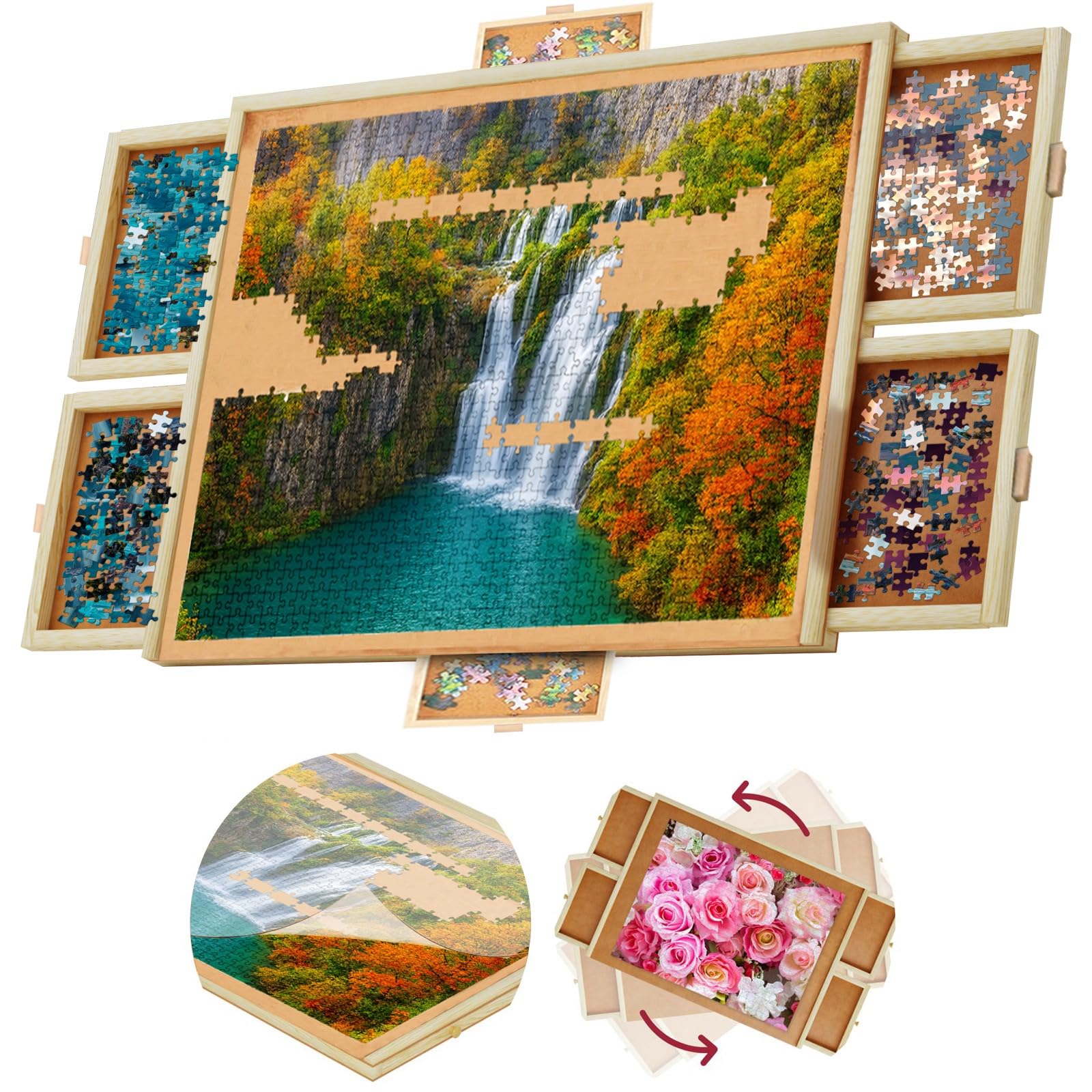 1500 Piece Wooden Jigsaw Puzzle Table - 6 Drawers, Rotating Puzzle Board | 35” X 28” Jigsaw Puzzle Board | Puzzle Cover Included - Portable Puzzle Tables for Adults and Kids by Beyond Innoventions