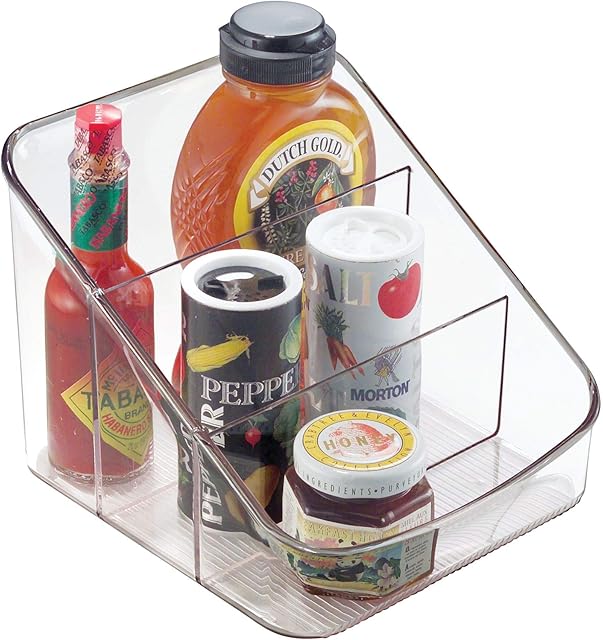 iDesign 59830 Storage Box with 3 Compartments, Small Plastic Spice Rack for Kitchen and Pantry, Practical Kitchen Organiser for Spices and Condiments, Clear