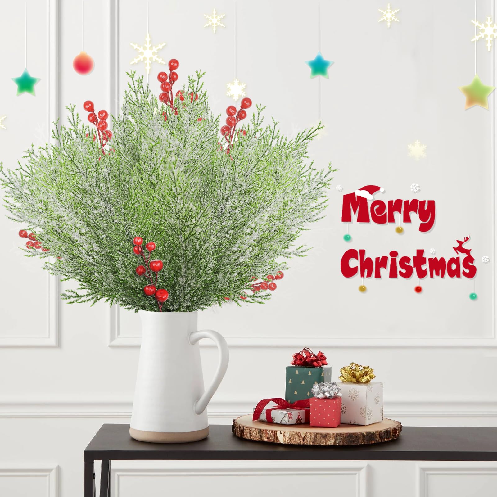 DILIBRA 72 Stück künstliche schneemattierte Tannenzweige, Weihnachtsgrünstiele, künstliche Tannenzweige zum Selbermachen, schneebedeckte Kiefernstiele für Girlande, Kranz, Handwerk, Zuhause, Küche,