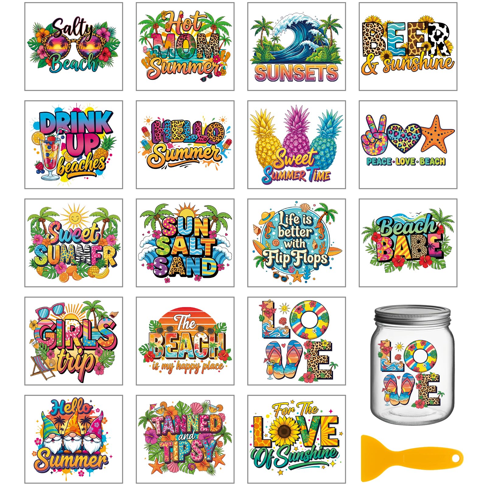 GLOBLELAND 18 Sheets Summer Text Rub on Transfers Summer Words Transfer Stickers Watercolor Phrase Cup Stickers Decals UV Dtf Wraps for Furniture Vase Glass Bottle Table Decor