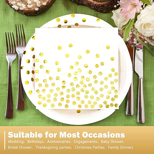 Miniatura 5 de White and Gold Paper Plates and Napkins-25 x 7'' Dessert Plates & 25 x 6.5'' Napkins,Disposable Gold Foil Polka Dots Paper Plates for