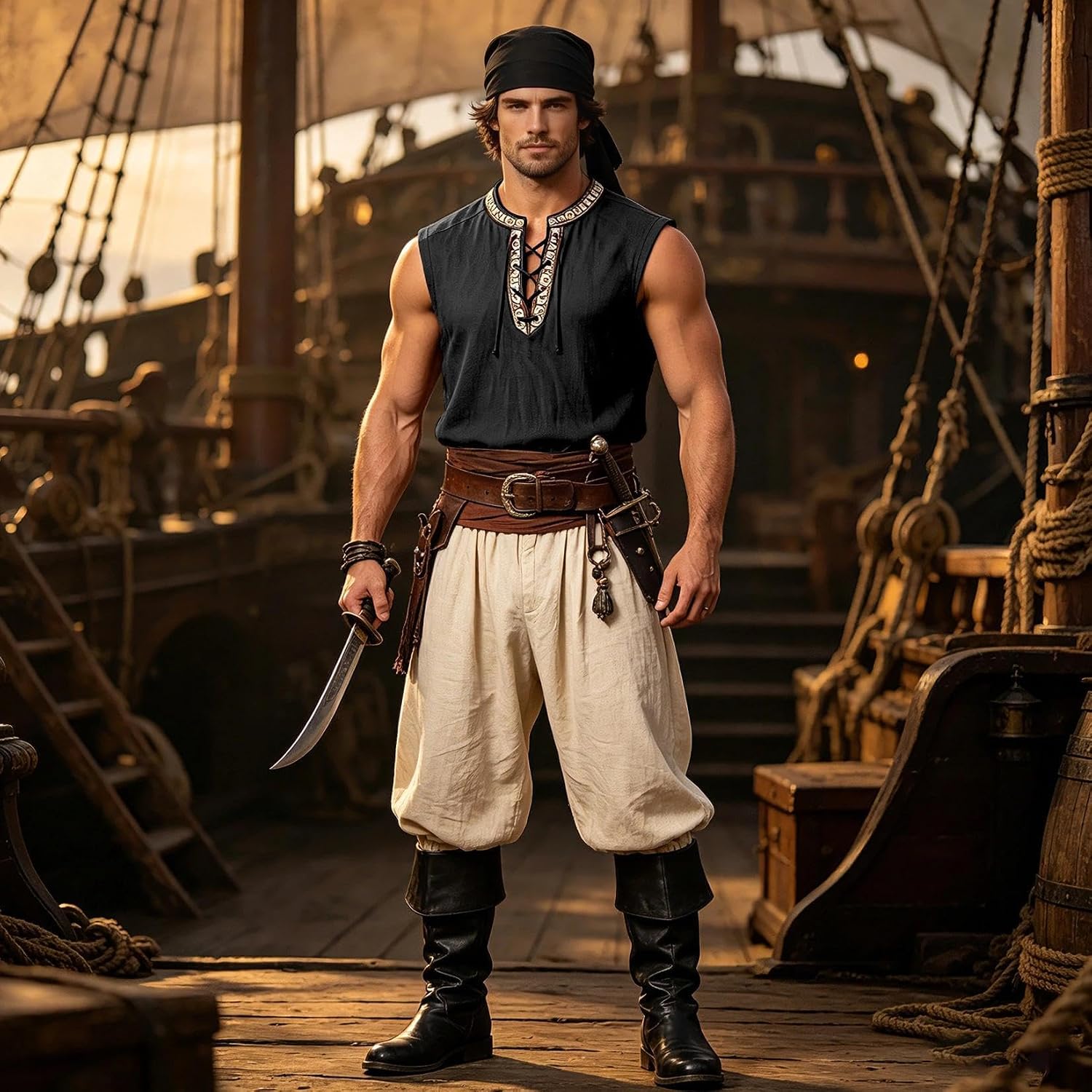 Medieval Tunic Men Renaissance Pirate Shirt Sleeveless Lace Up Embroidery Tops