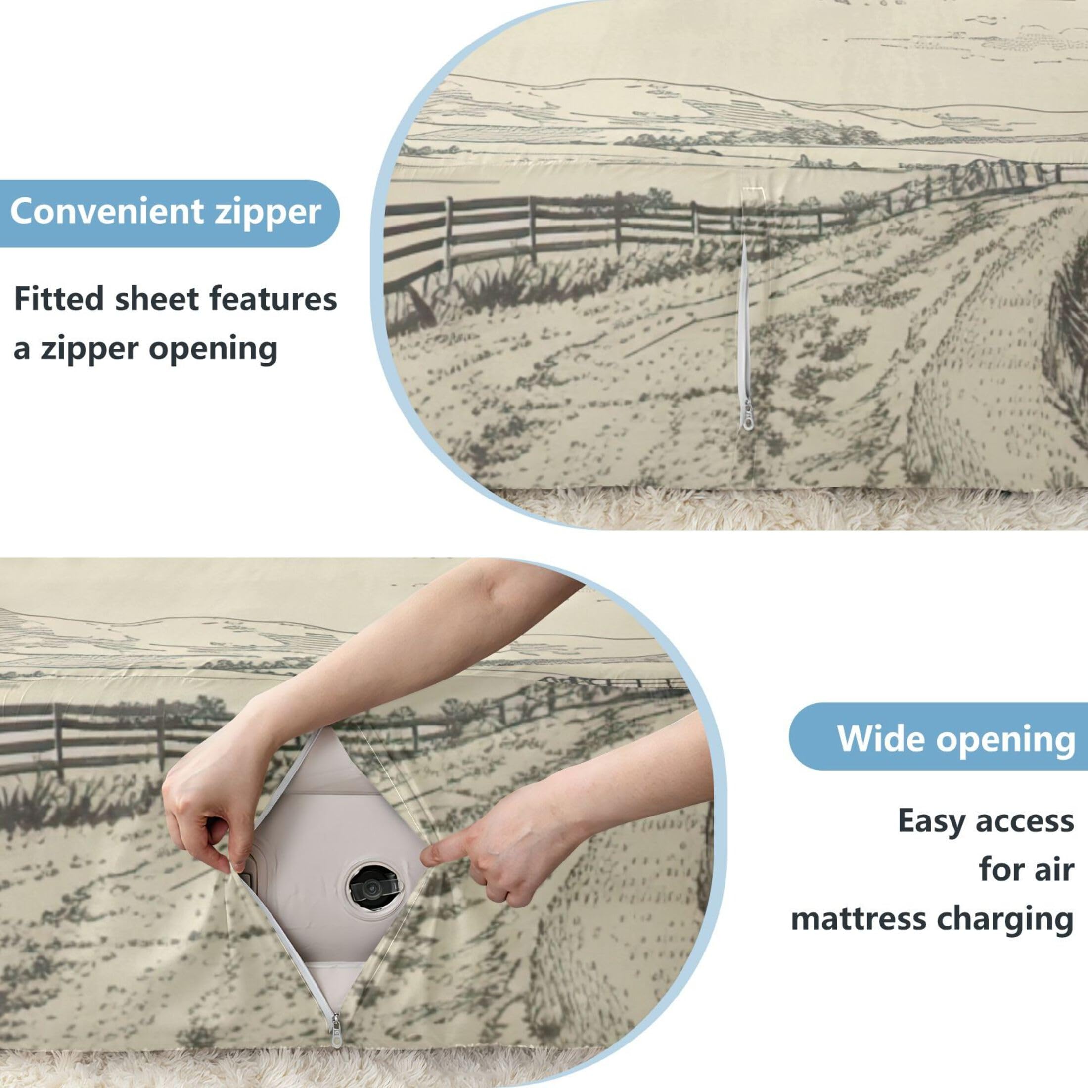 Sábana bajera ajustable individual con molino de viento para colchón de aire, bolsillo extra profundo de 24 pulgadas, funda suave y transpirable con apertura de válvula de cremallera para