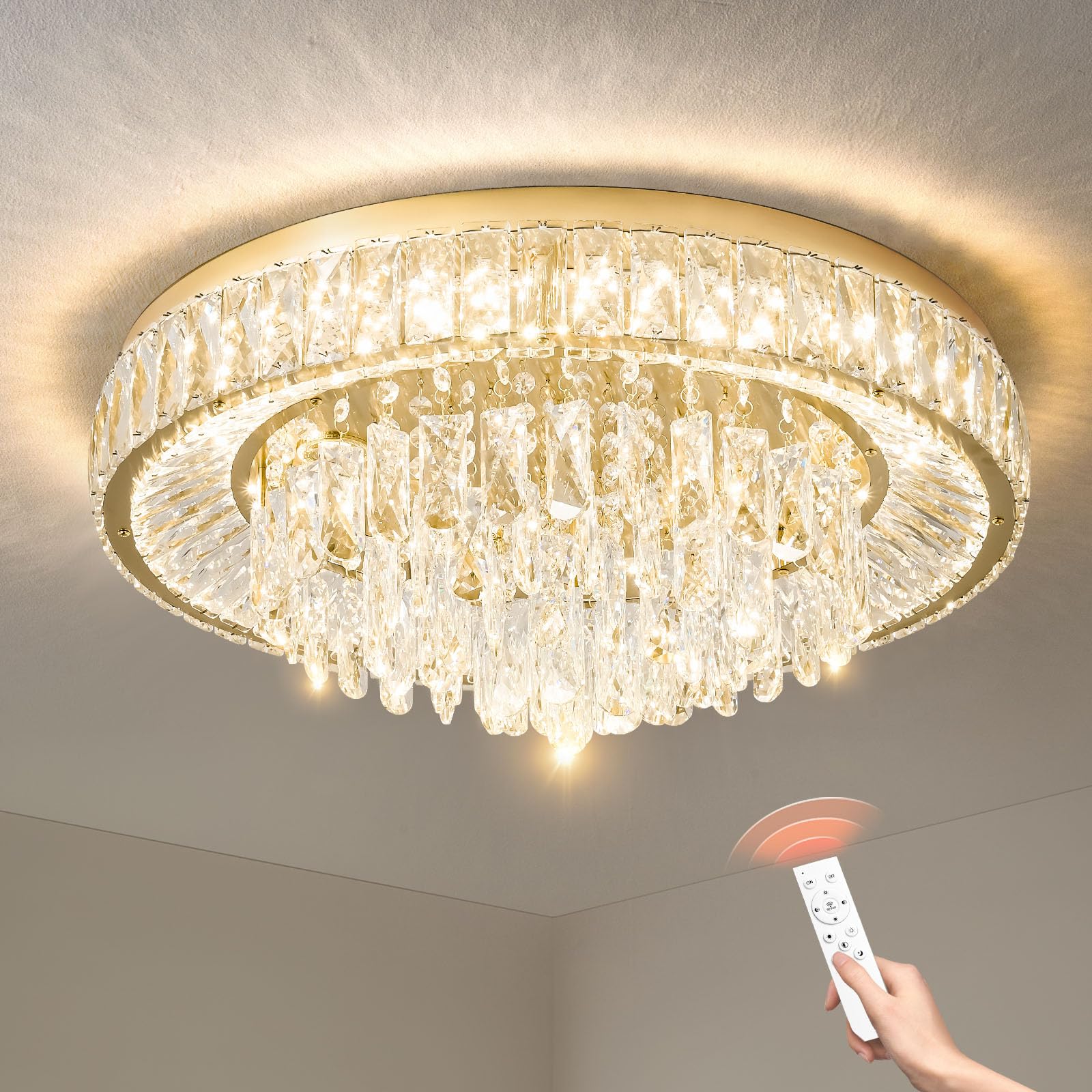 Photo 1 of Modern LED Gold Crystal Chandelier: Flush Mount Crystals Ceiling Light With Remote - 24" Round Crystal Chandeliers Dimmable Ceiling Lighting Fixtures For Dining Room Bedroom Living Room Entryway