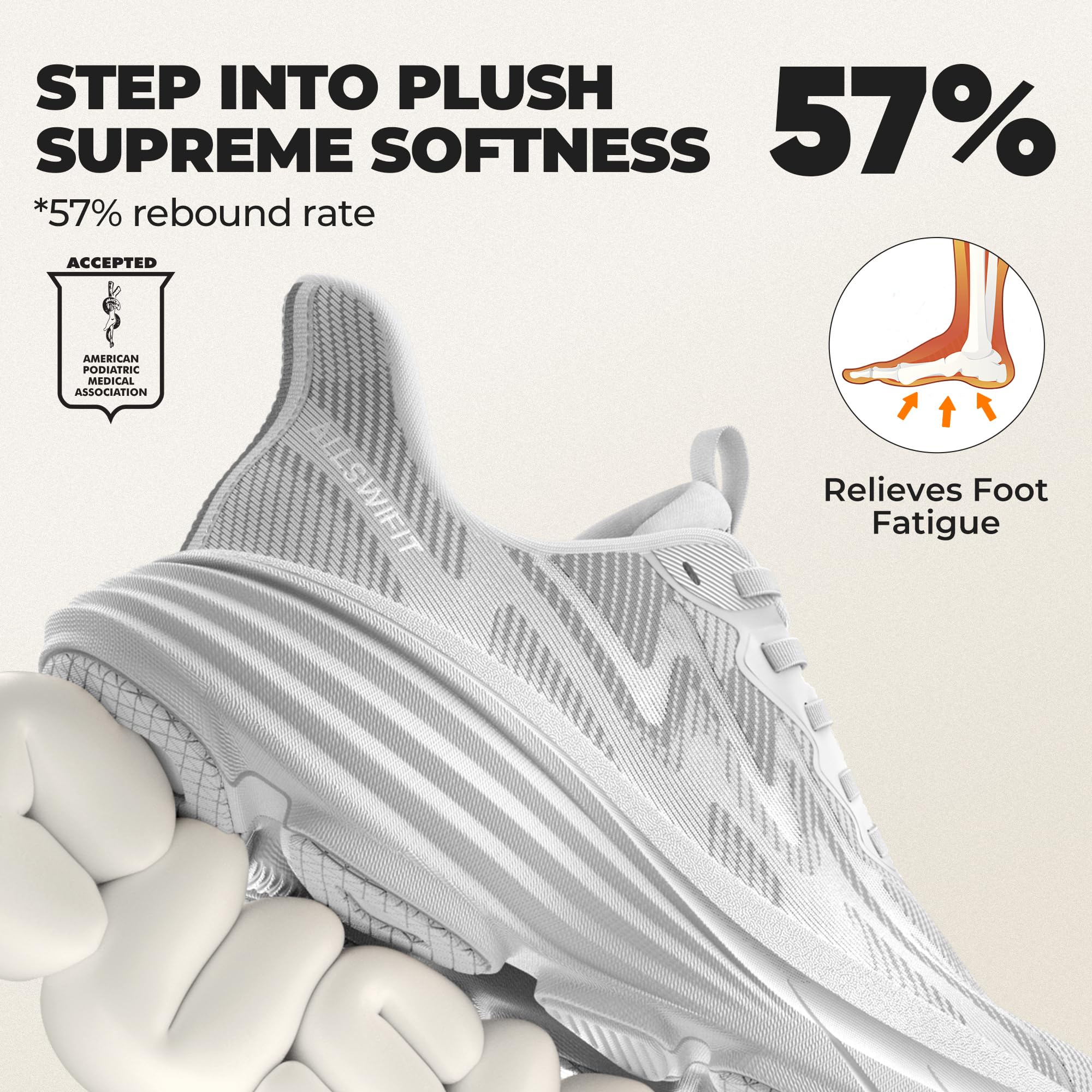 ALLSWIFIT Damskie wsuwane buty do chodzenia bez użycia rąk poduszka bieganie tenis Swift pluszowe antypoślizgowe wygodne trening siłownia sportowe modne trampki, biały, 40 EU