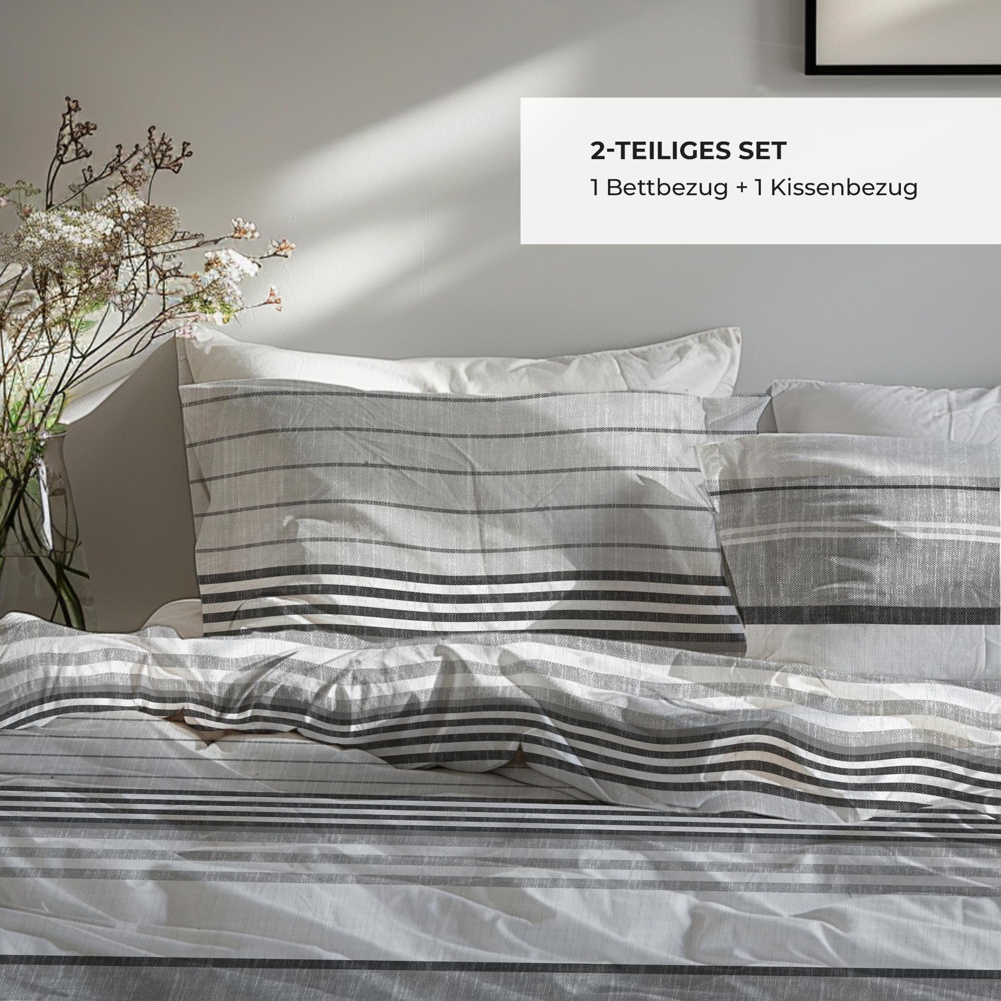 Pościel premium 135 x 200 – 100% bawełna, certyfikat Öko-Tex, Renforcé oddychająca i antyalergiczna, z zamkiem błyskawicznym, 2-częściowa poszewka na poduszkę 80 x 80 cm, szara, biała