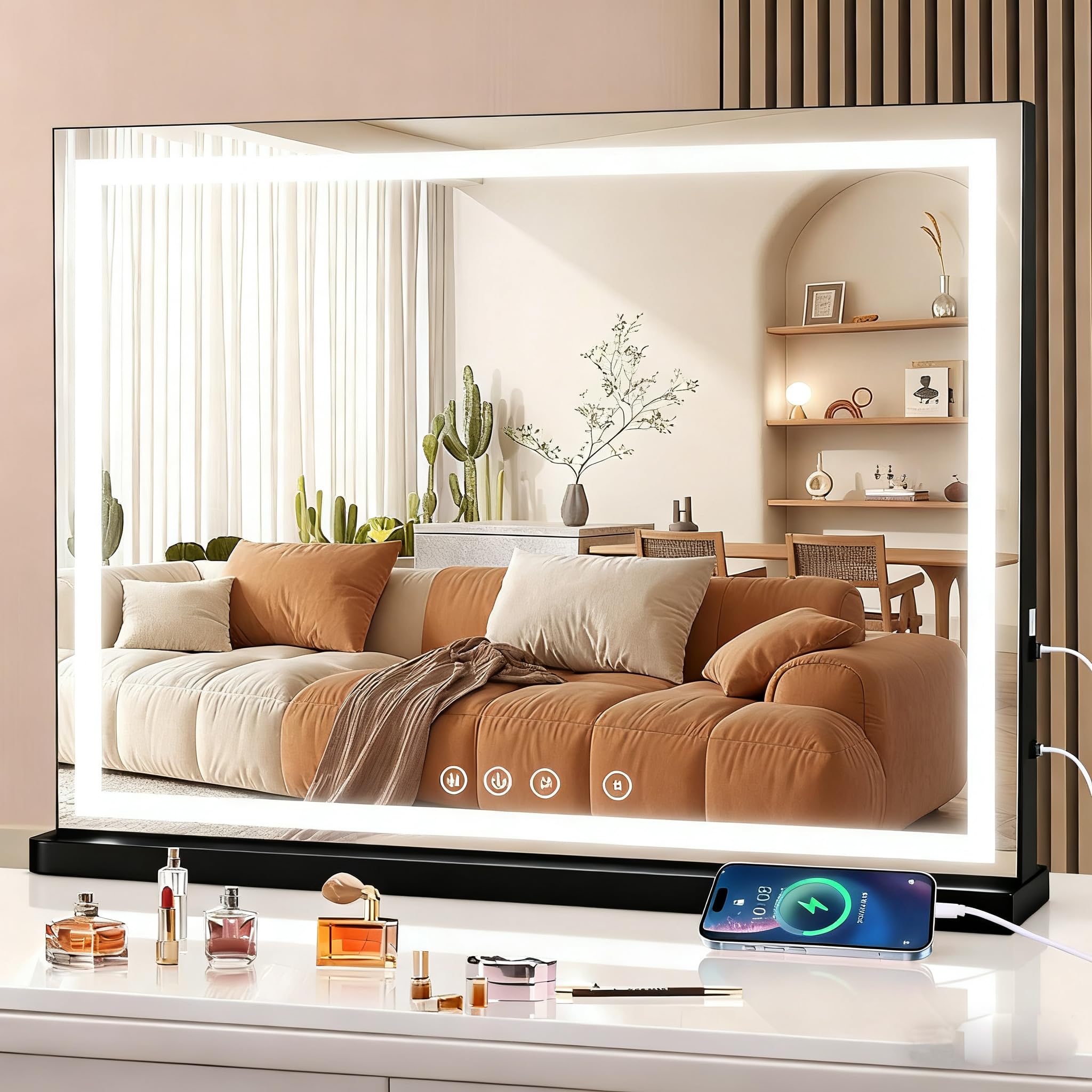 halumao Vanity Mirror with Lights, 80 x 60 cm Large Makeup Mirror with LED Lights, Smart Touch Dimmable 3-Color Light, Memory Function, USB Charging Port black