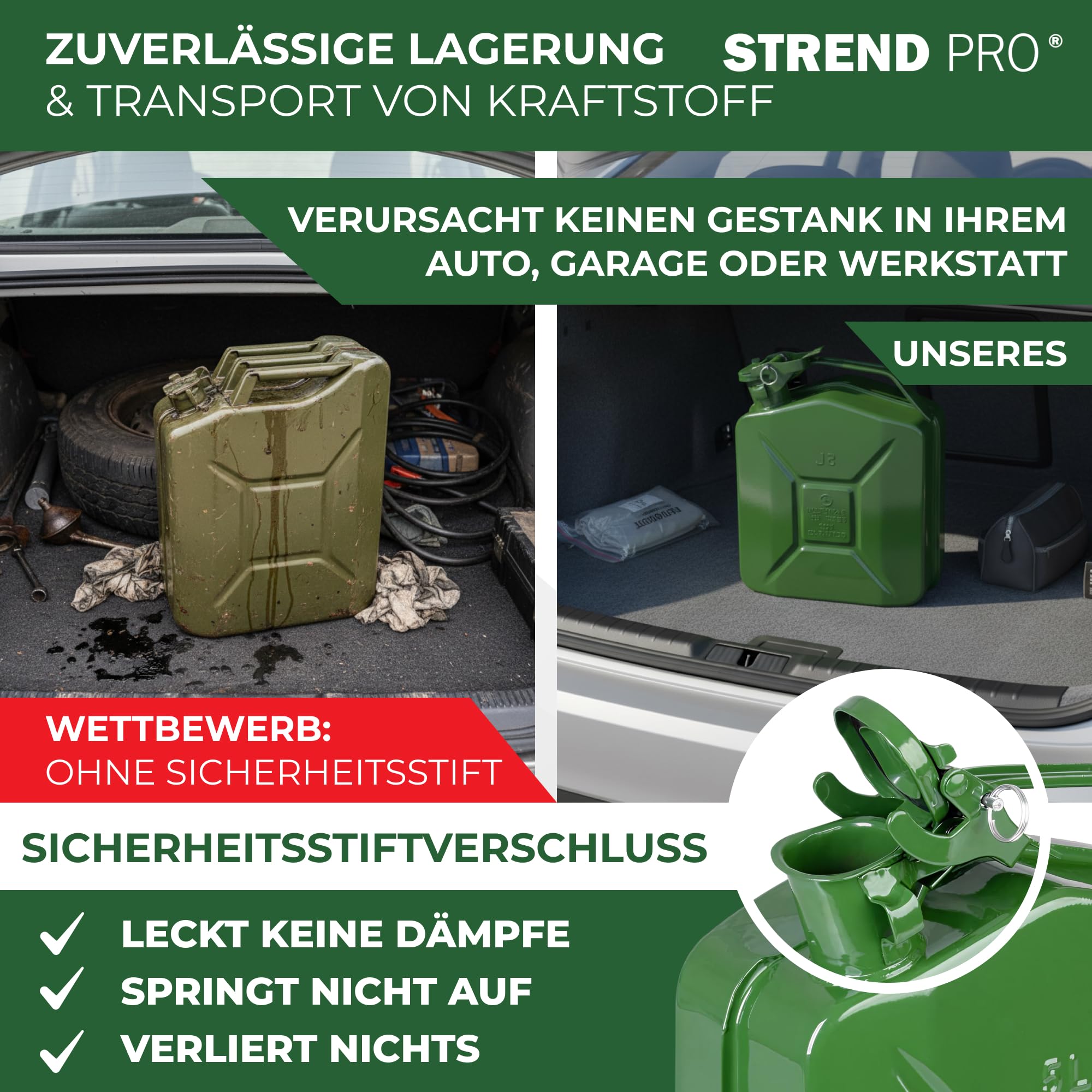 STREND PRO Benzinkanister 20l Metall | Robuster Kanister 20 liter für Benzin & Diesel | Kraftstoffkanister | Dieselkanister für Reserve | Kombikanister motorsäge | Grün mit UN-Zulassung | Benzintank - 3