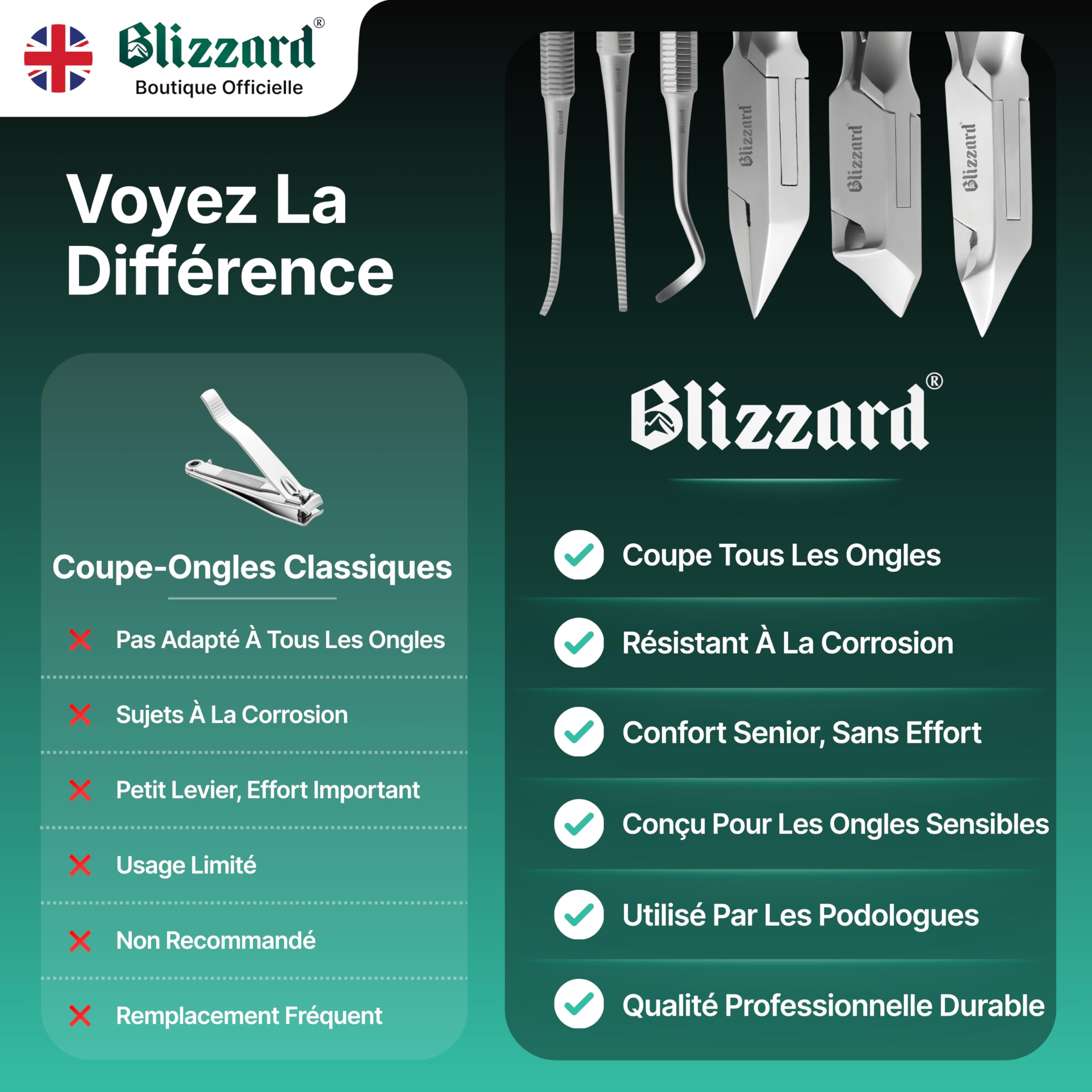 Blizzard Kit Pédicure Professionnel et Coupe Ongle Pied - Set de Podologie 5 Pièces pour Ongles Incarnés et Épais - Pince Coupante, Lime et Releveur - Acier Inox - Soin des Pieds Seniors et Hommes