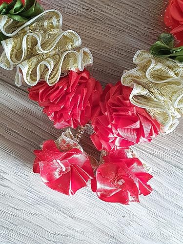 Miniatura 6 de Dos guirnaldas de flores artificiales hechas a mano, 24 pulgadas, rojo y dorado para bodas, Diwali, Pooja (paquete de 2)