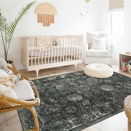 Miniatura 9 de Seavish Alfombras negras para sala de estar, alfombra de área de 5 x 7 pies para dormitorio, alfombra grande vintage envejecida, alfombra de pelo