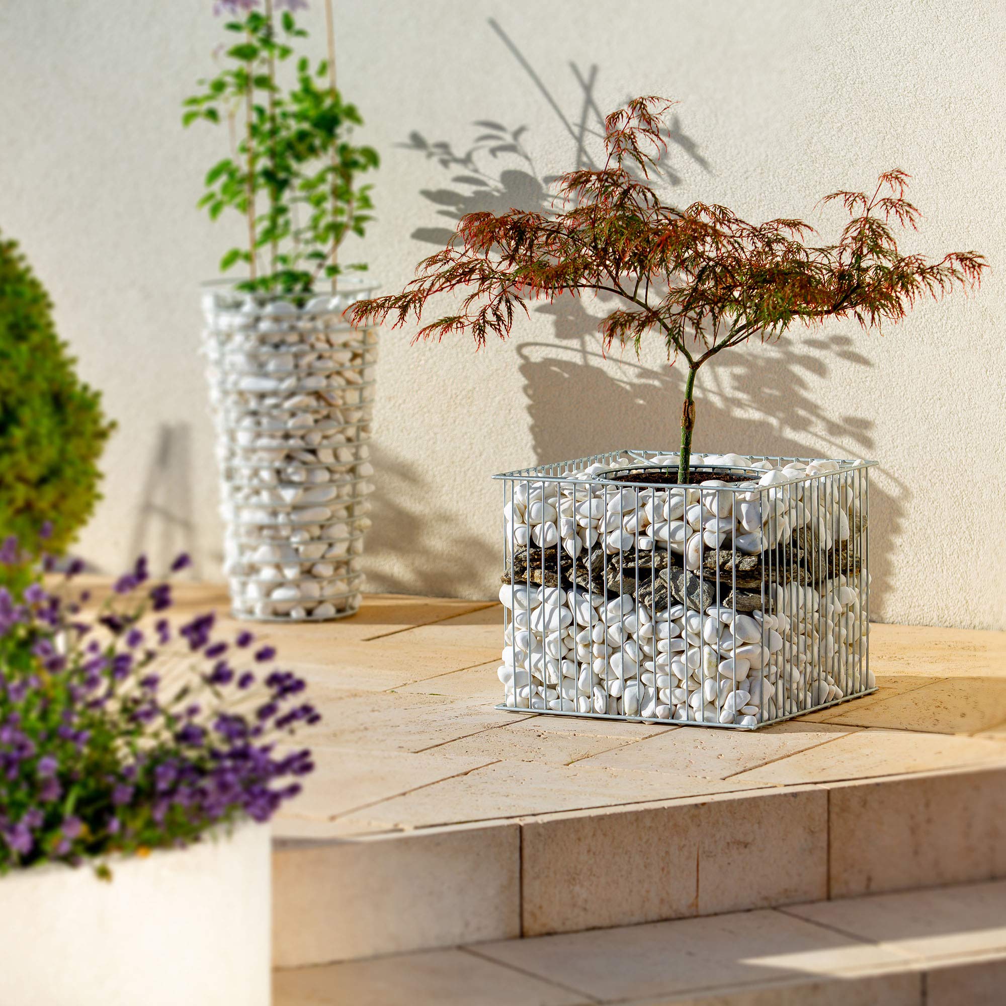 KADAX Set di 39 Gabion Casket pianta, gabion, vaso di fiori per esterno, fiori, giardino, terrazza, fioriera rotonda in acciaio zincato, fioriera, decorazione, cesto di pietra, (Ř 53 cm, H: 33