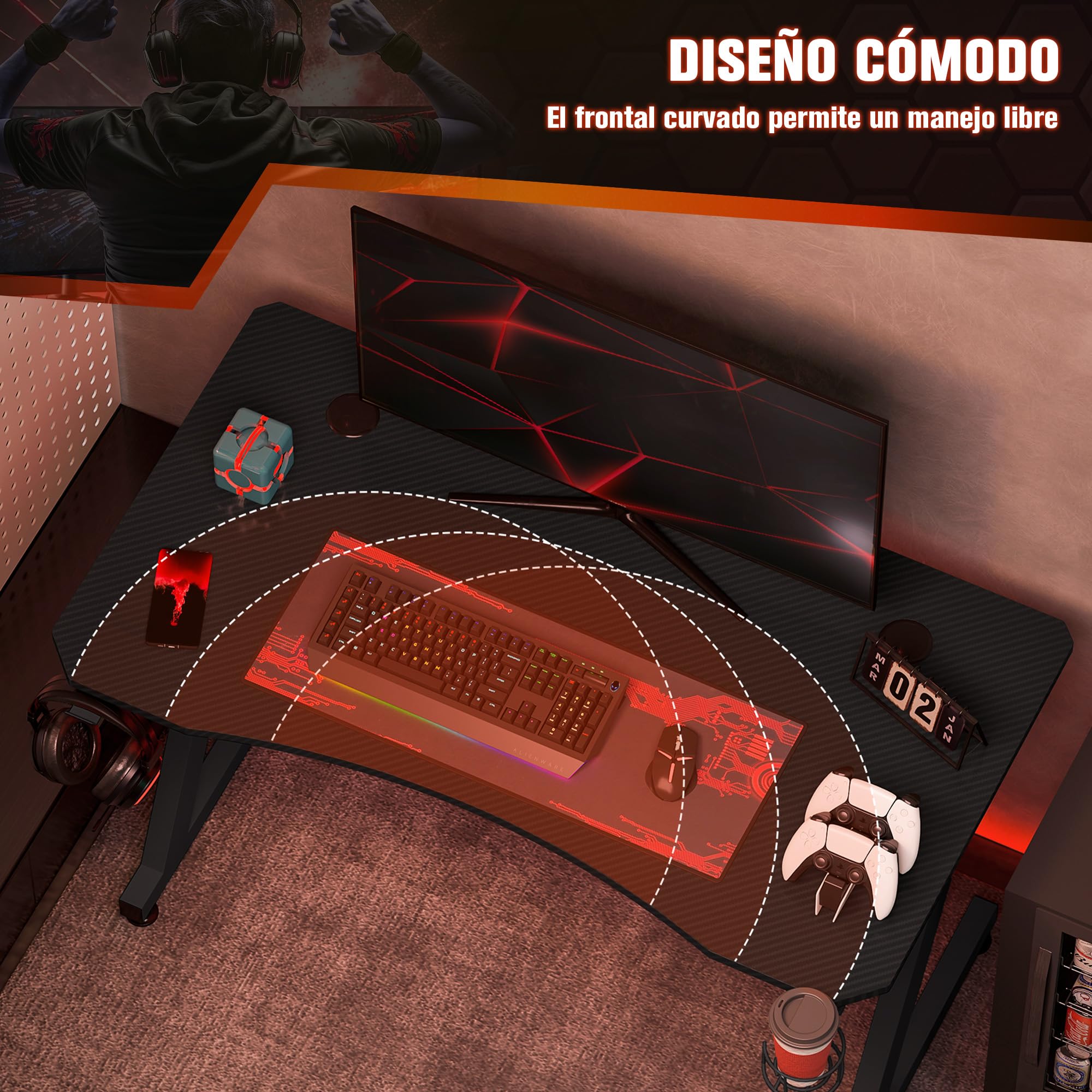 HOMCOM Mesa Gaming 120x65x74,5 cm Escritorio Ergonómico para PC Negro | Gaming Desk, Portavasos, Gancho para Auriculares, Pies Ajustables, Efecto de Fibra de Carbono