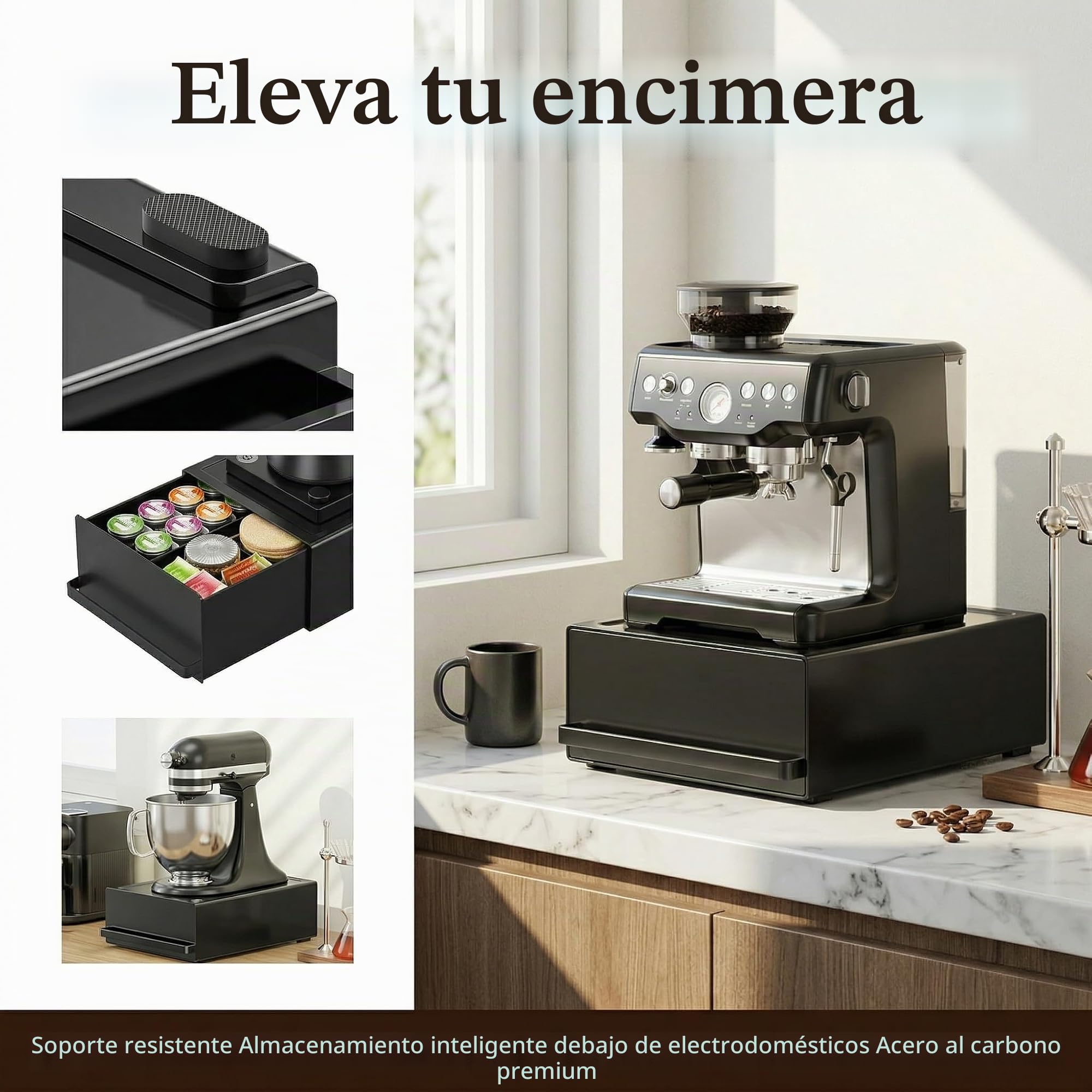 Soporte para Cápsulas de Café con Cajón Organizador de Acero al Carbono | Organizador de Café para Encimera con Almacenamiento para Cafetera y Accesorios, Capacidad de Carga de 5 kg