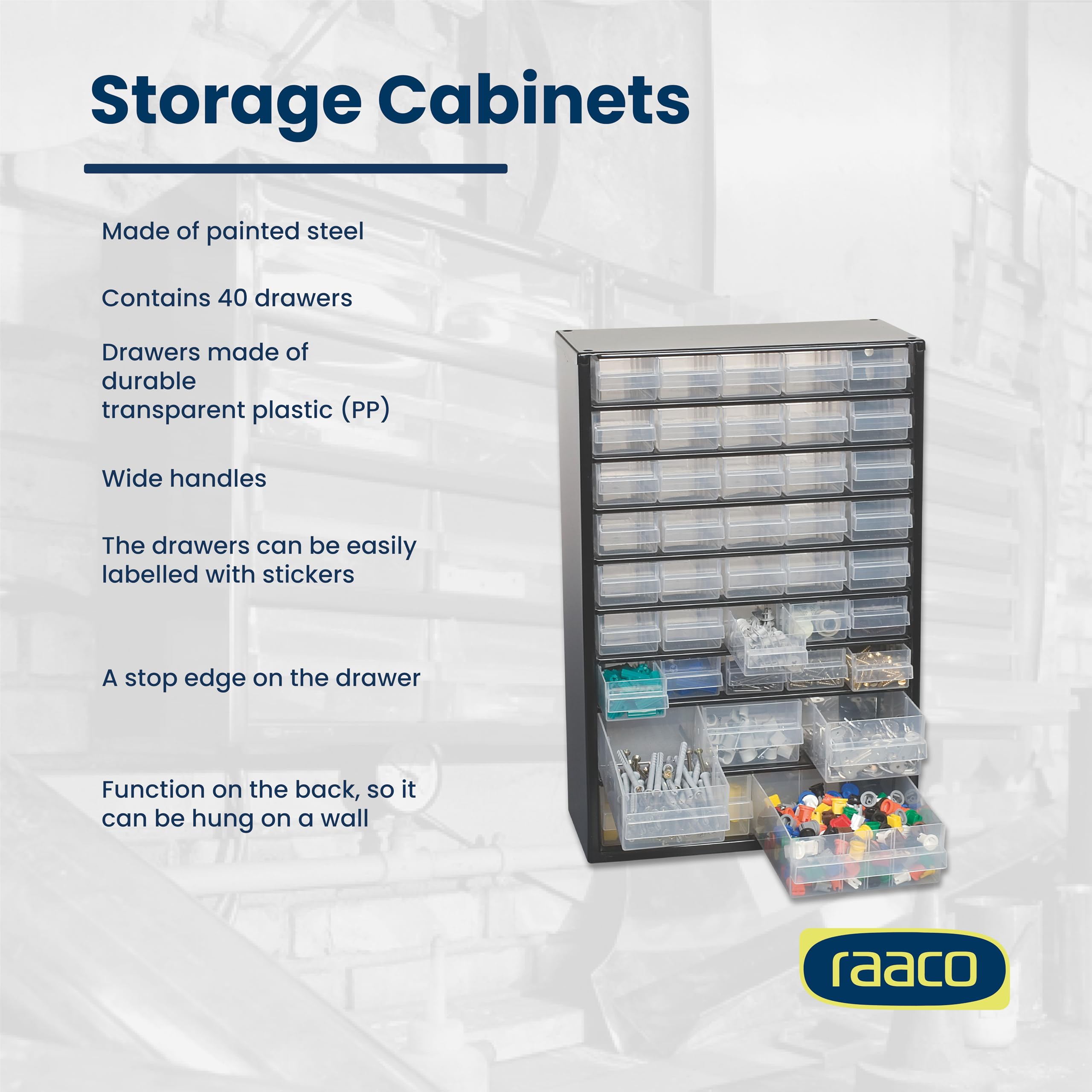 Raaco Steel Storage Cabinet Tall 40-Drawer C10-40 | Clear Polypropylene Plastic Drawer Small Parts Organizer Screws Nuts & Bolts Crafts & Hardware - For workshop and garage product thumbnail 6
