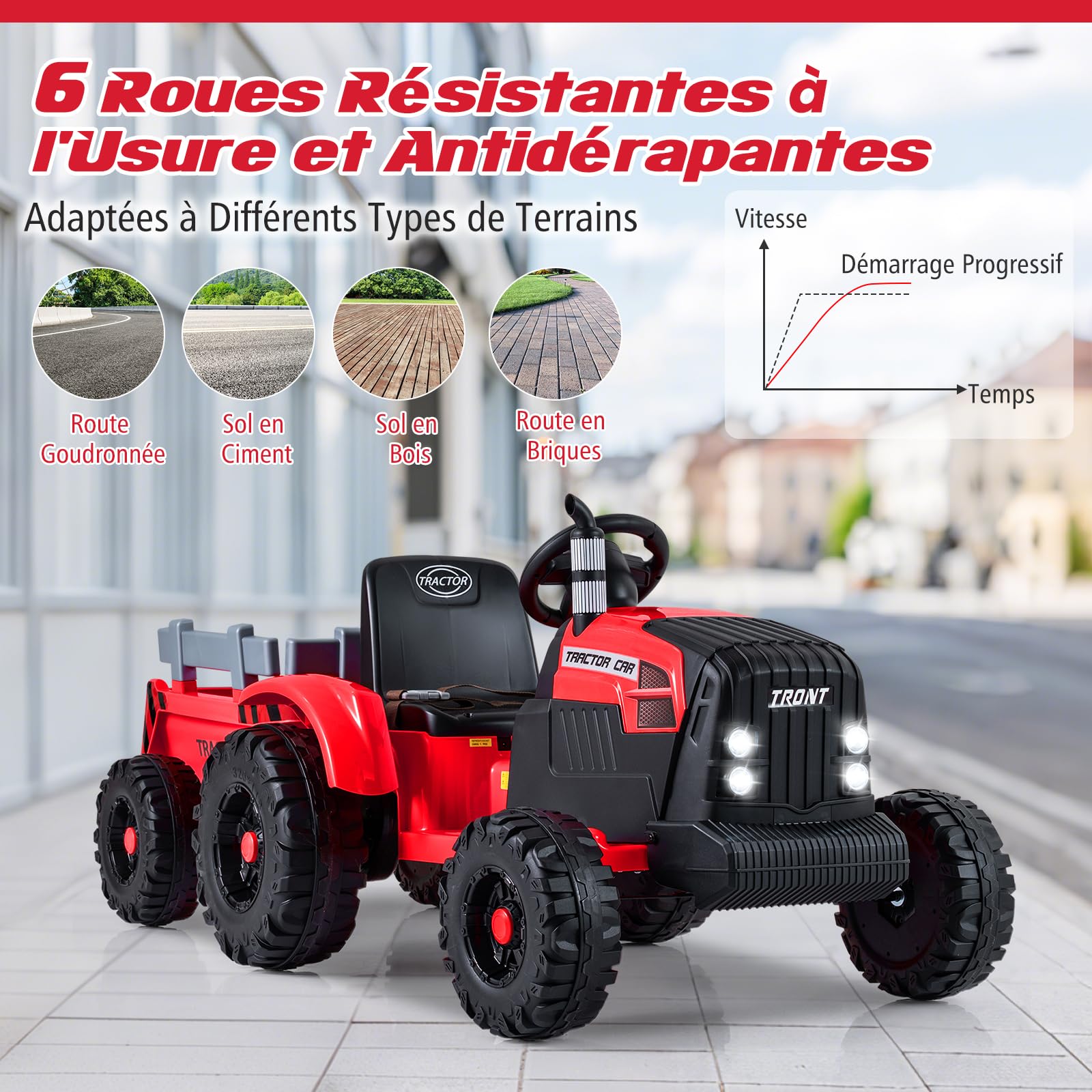 COSTWAY 24V Tracteur Électrique Enfant avec Remorque Amovible & Télécommande, Voiture Électrique Enfants avec Musique & Klaxon & Phares LED, Démarrage en Douceur, 3,2-6 km/h pour 3-8 Ans (Rouge)