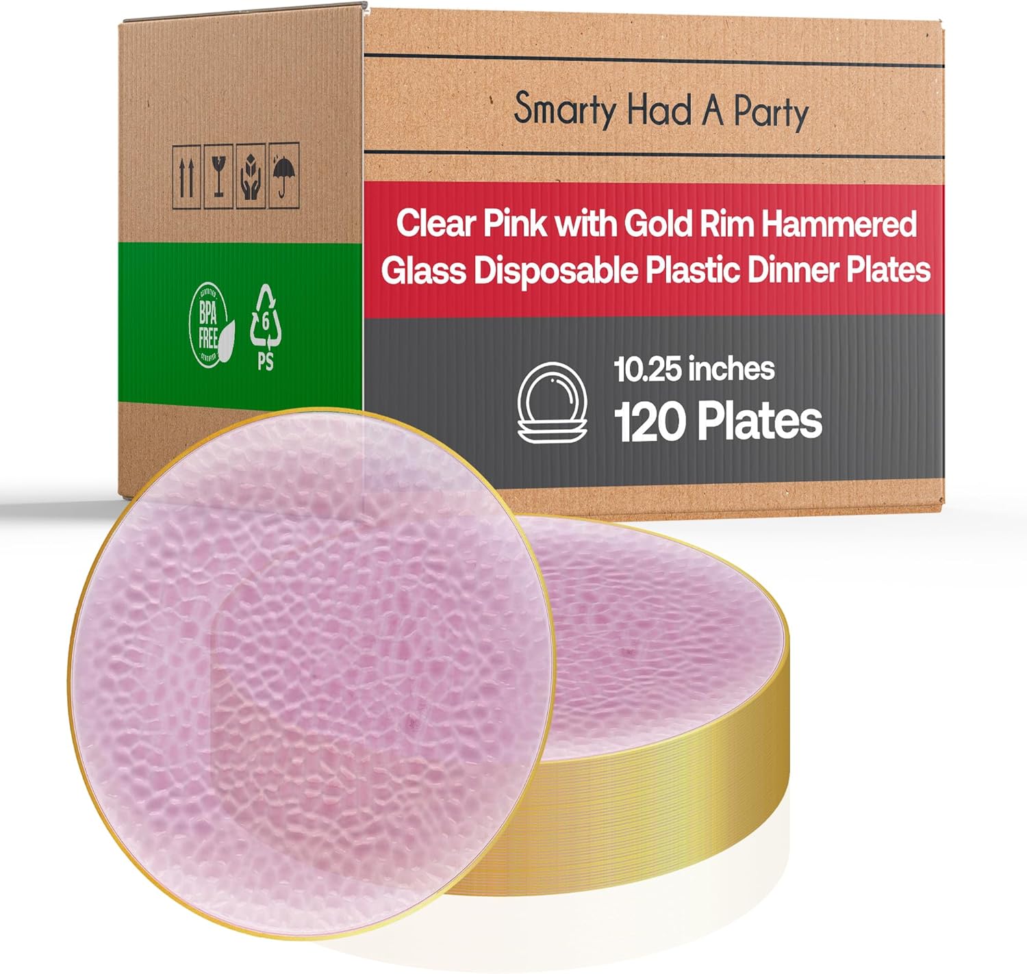 Smarty Had A Party Disposable Plastic Plates, 120 Pcs Disposable Plates, Dinner Plates, Salad Plates (Clear Pink with Gold, 10.25")