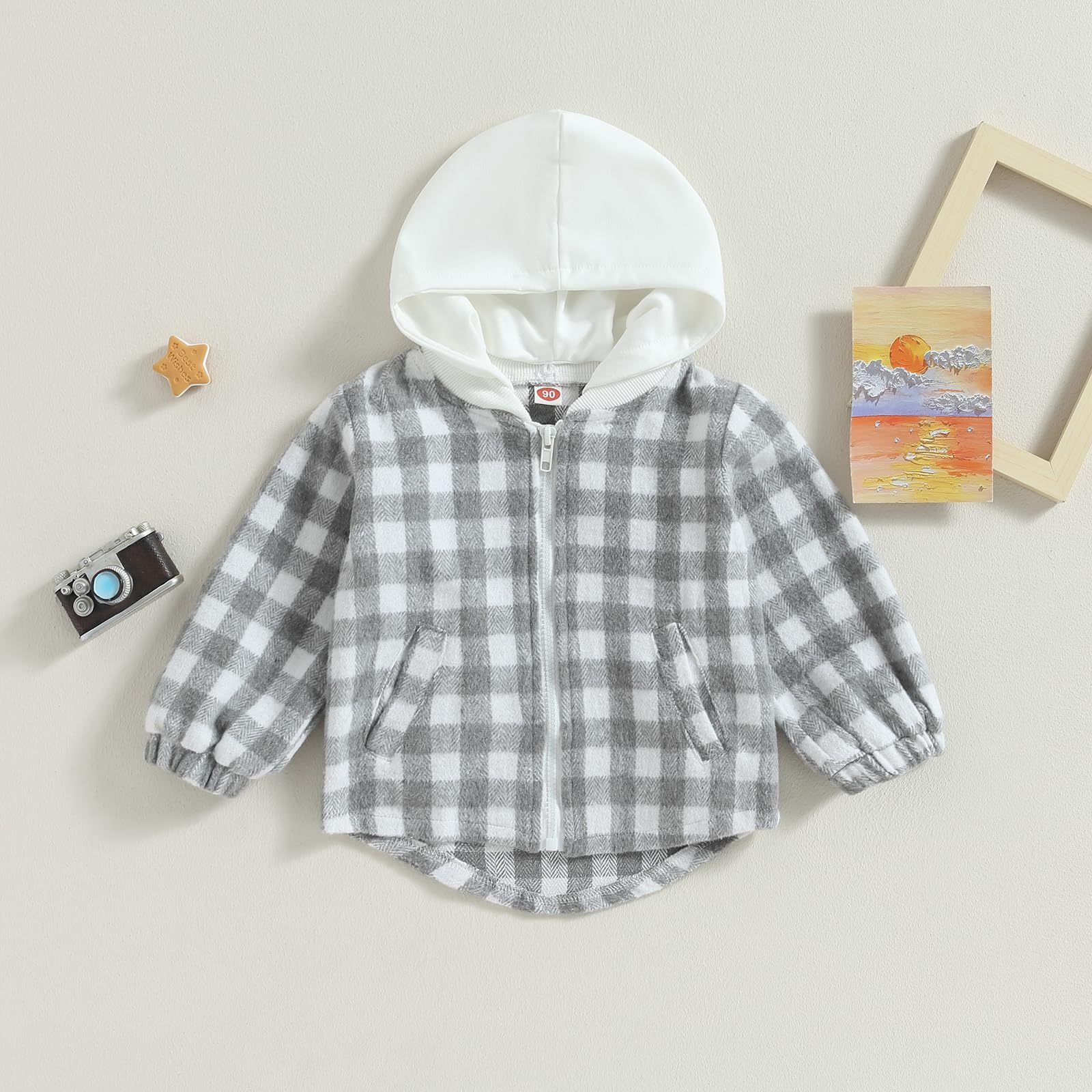 Mialoley Baby Boy Girls Long Sleeve Hoodies Jacket Zip up Sweatshirt Plaid Spring Winter Coat Infant Warm Clothes Toddler (Grey, 12-18 Months)