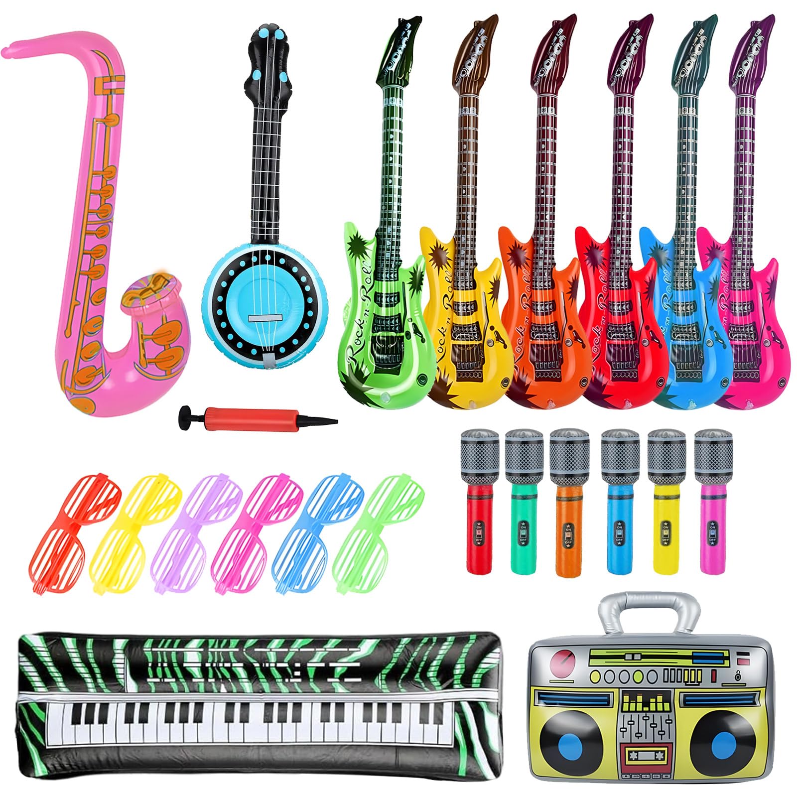 Juego de 23 accesorios inflables para fiestas, juego de instrumentos inflables, guitarra inflable para niños, micrófono de saxofón pipa, radio, teclado, gafas para decoración de fiesta de discoteca