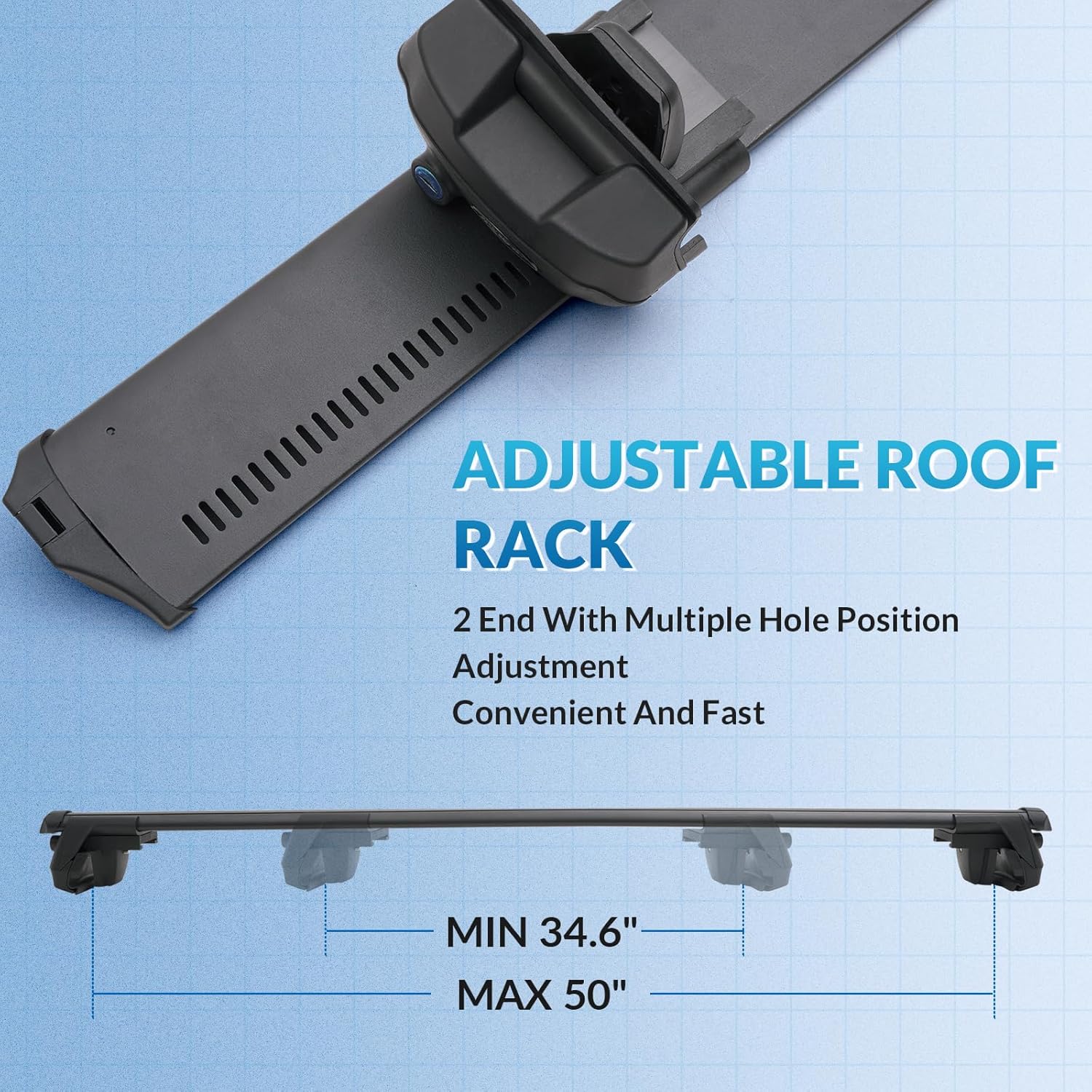 Adjustable roof rack showing min and max length