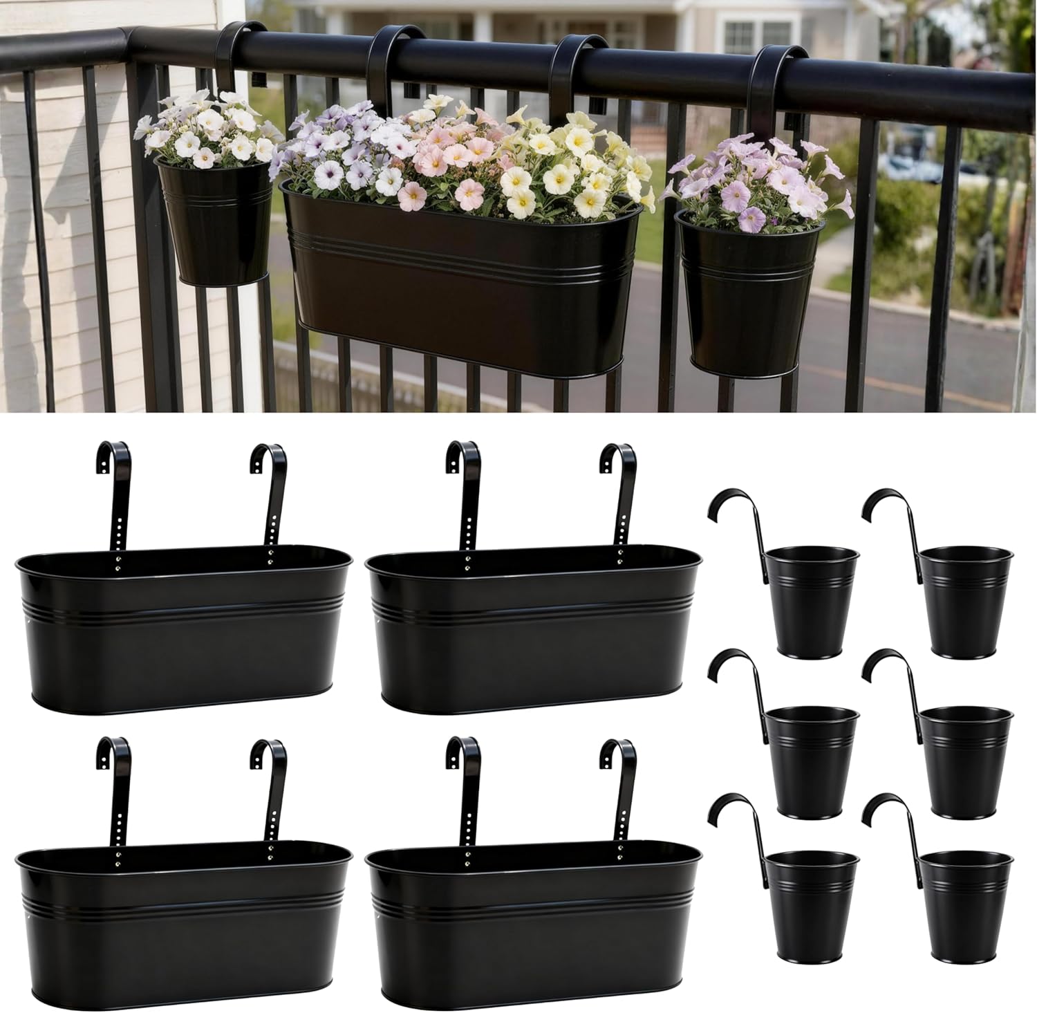 LaLaGreen 17 Inch Rail Planter (10-PIECE Combo Set) Large Black Metal Hanging Rail Fence Flower Pots, Modern Railing Planters for Outdoor Plants Garden Style Iron Patio Planters Deck Balcony Decor