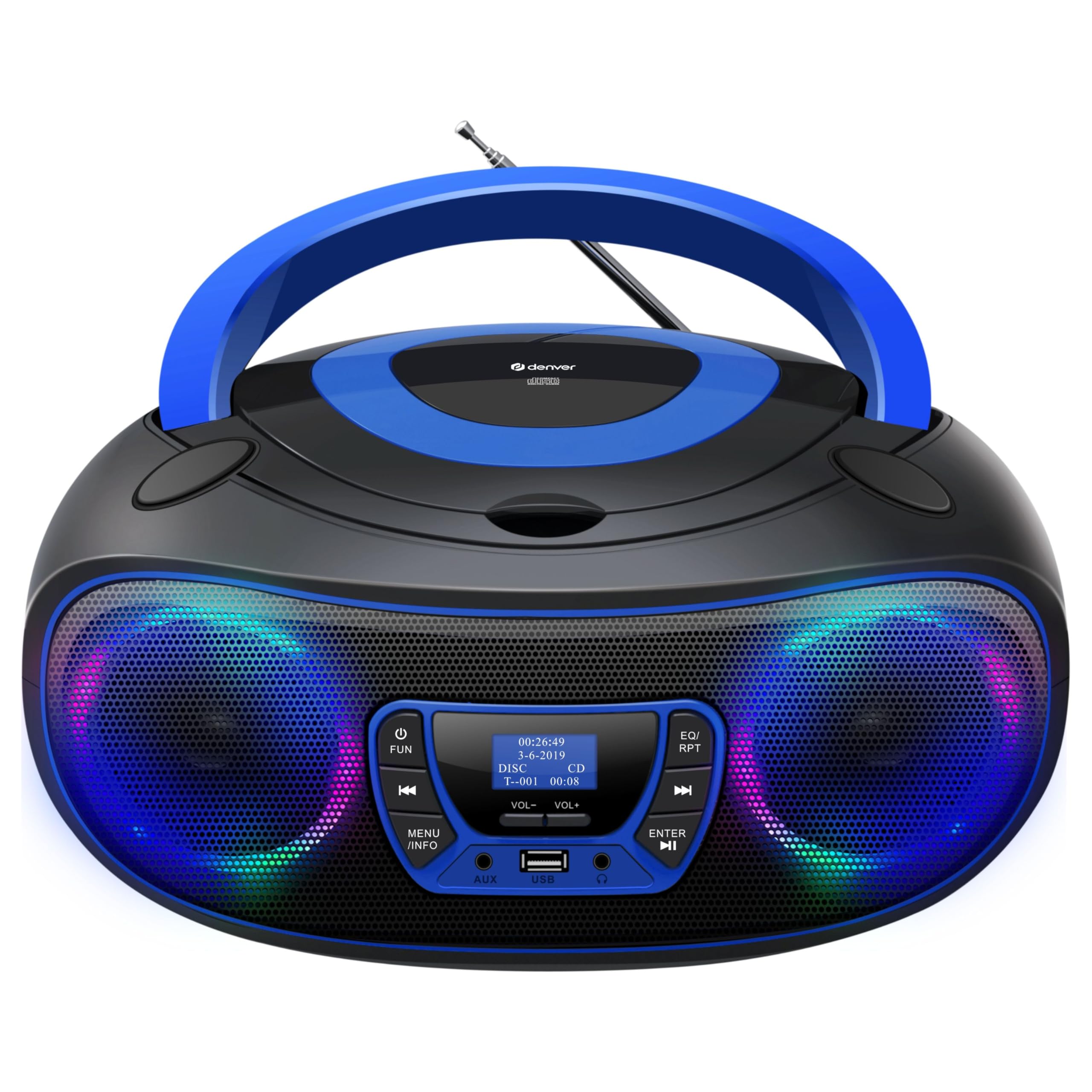 Denver TDB-212 Boombox Dab+ Bluetooth Azul, Lector CD, Radio Dab+/FM, USB MP3, AUX, Toma de Auriculares | Diseño retro, Bluetooth, USB, reproductor de CD, puerto AUX