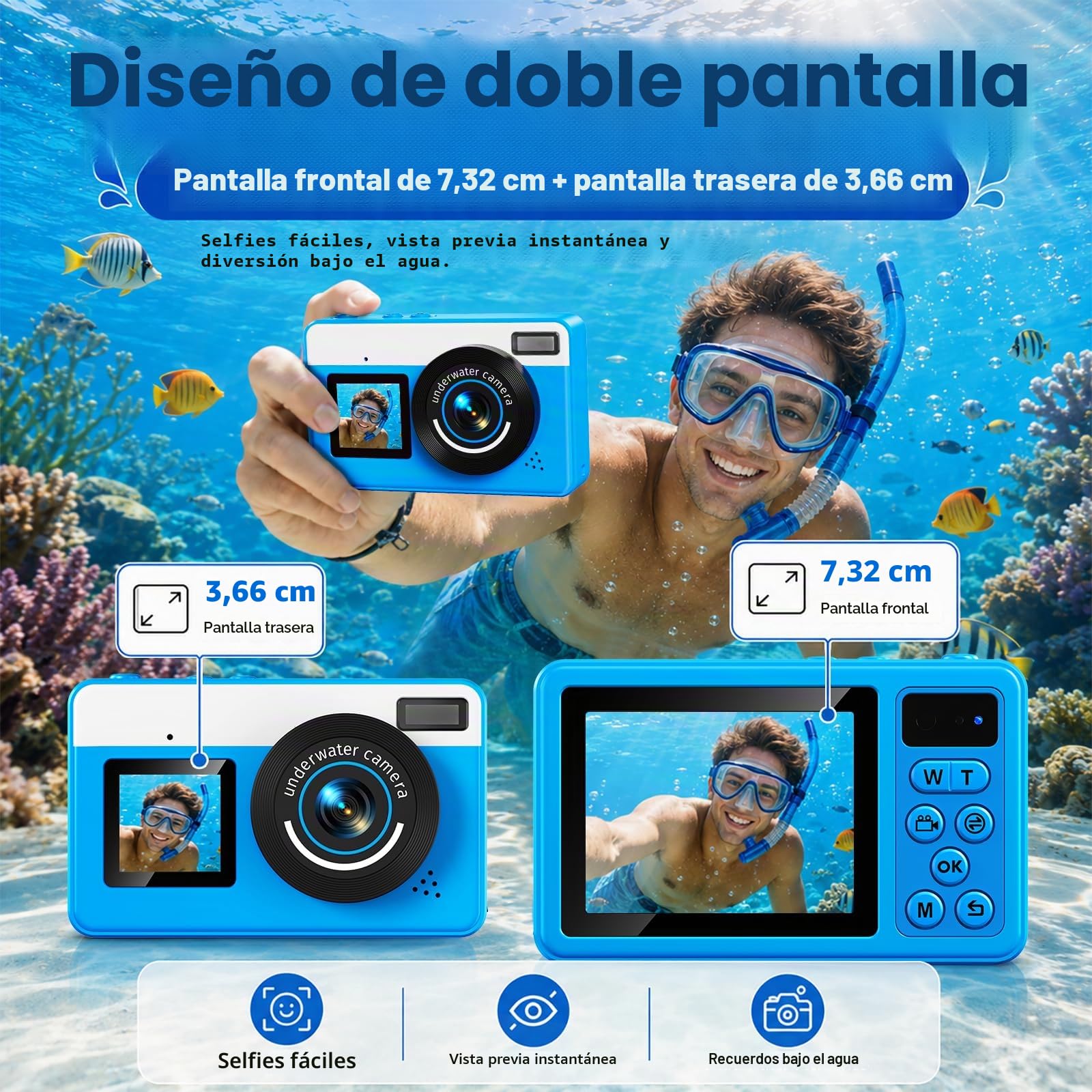 Maxmango D70 Cámara Acuática 4K 48MP, Cámara Impermeable 10FT para Piscina y Playa, Doble Pantalla Autofocus Zoom 18X, Cámara Flotante Regalo para Adolescentes y Principiantes con Tarjeta 16GB, Azul