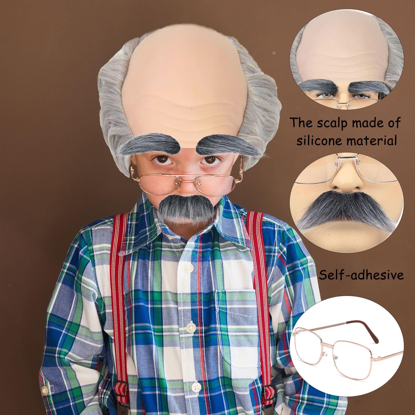 FOUNSHO Old Man Bald Wig for Adults Grandpa Fancy Dress Balding Cap with Short Wavy Gray Hair On Sides Old Man Costume Fake Mustache Eyebrows Sunglasses - Image 4