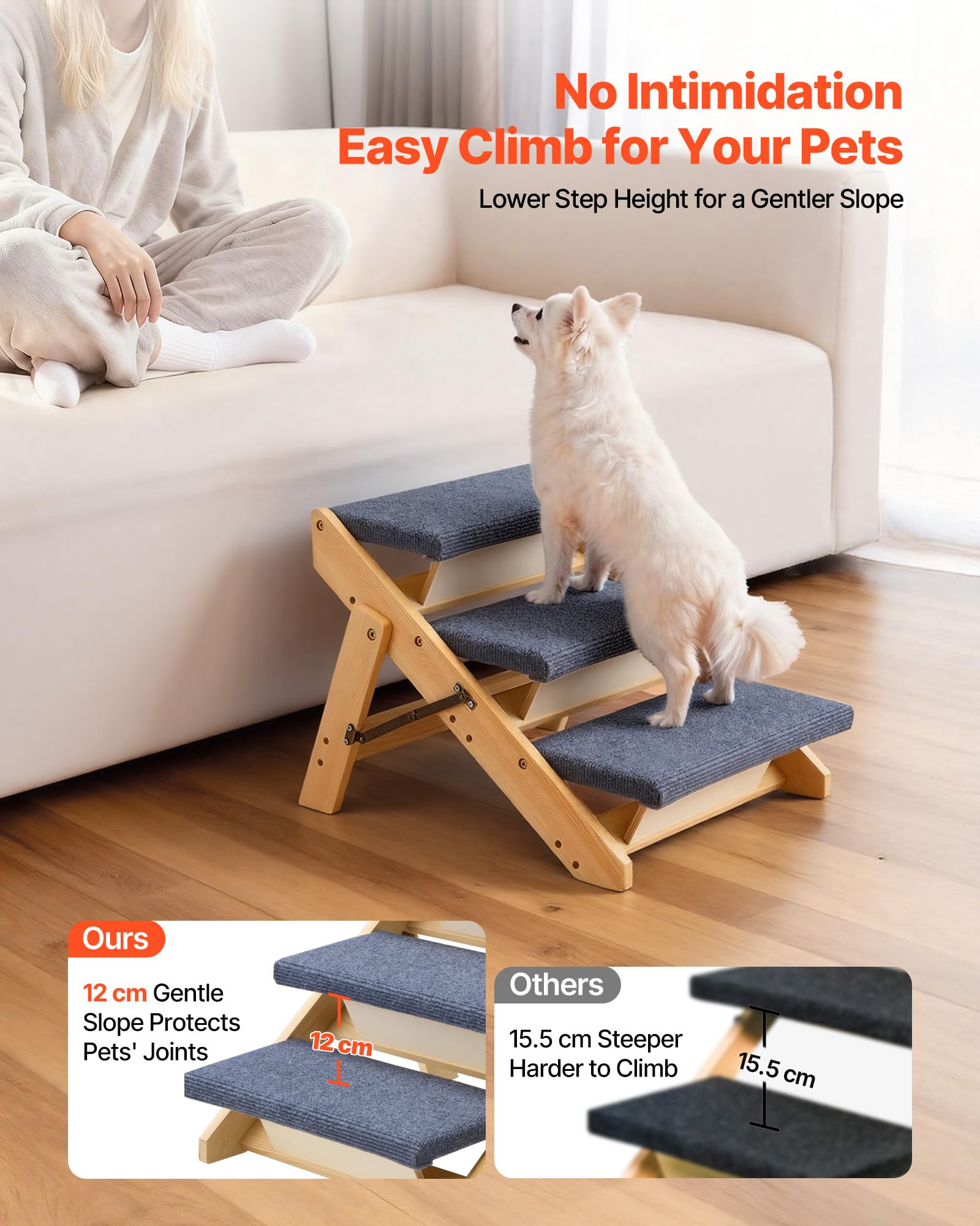 VEVOR Hundetreppe 510x470x370 mm, 3-stufige Hautiertreppe, klappbare Holztreppe geeignet für kleine, mittlere, große, ältere Haustiere sowie Welpen bis 68 kg, Hundeleiter für Betten, Sofas & Autos