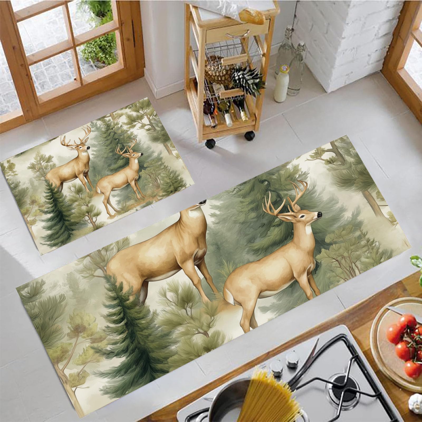 Tapis de cuisine forêt d'élans vert olive pour protéger le sol de la pièce