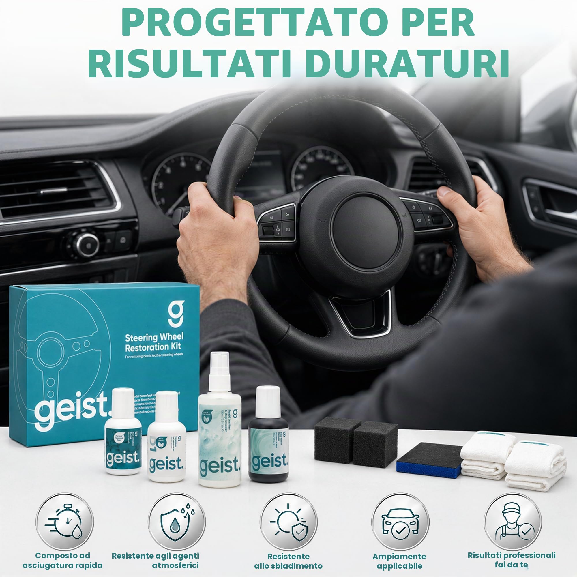 Geist. Kit di ripristino del volante | Sgrassa e rinfresca il colore dei volanti neri usurati o graffiati