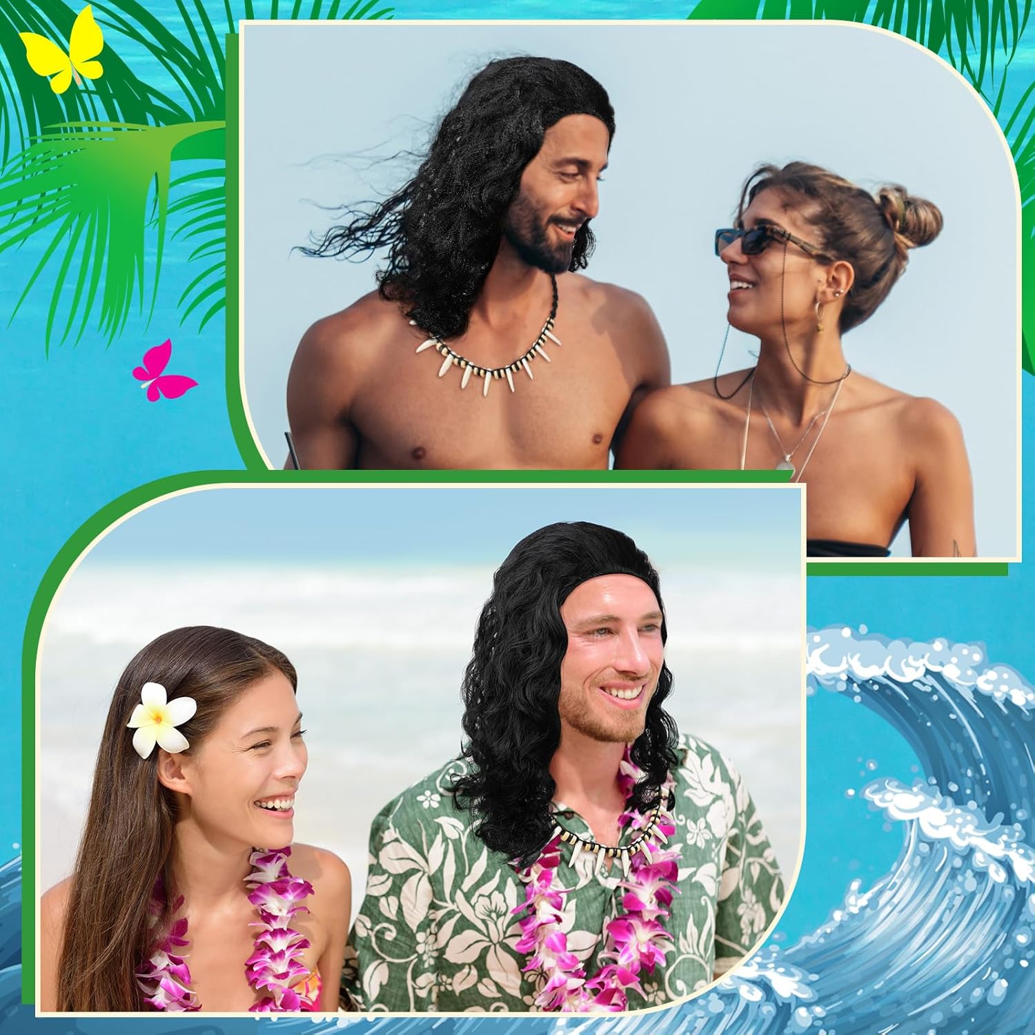 2 Pcs Halloween Costume Accessories for Men: Curly Wig & Hawaiian Tribal Tooth Necklace - Black, One Size - Image 5