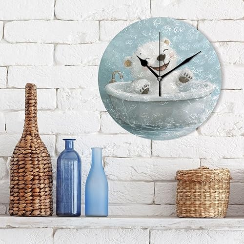 Miniatura 3 de Lindo oso polar retro bañera de 10 pulgadas redondo reloj de baño pared sin tictac ruido moderno para dormitorio, sala de estar, casa de campo,