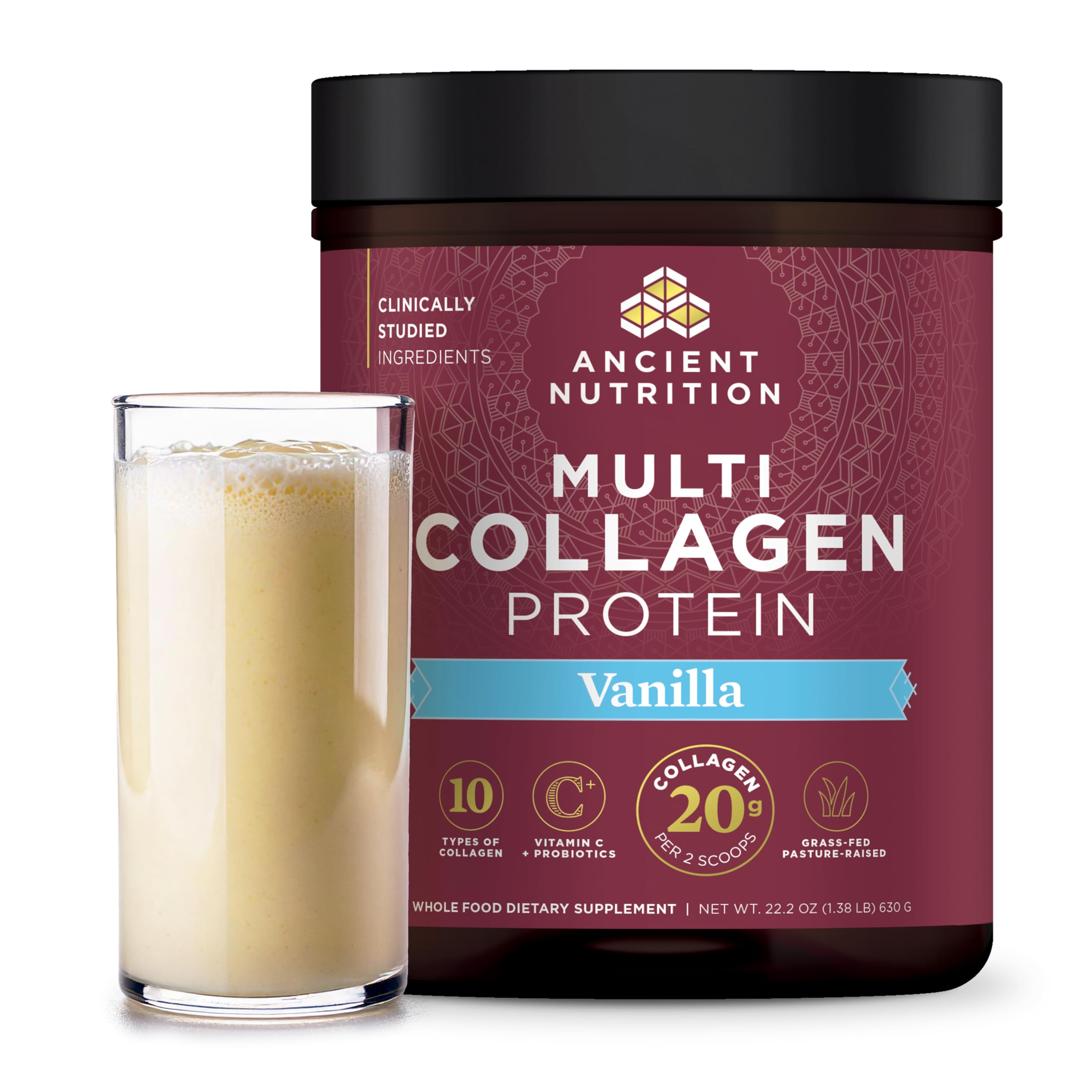 Ancient Nutrition Collagen Peptides Powder, Multi Collagen Protein, Women & Men, Vitamin C, Probiotics, Hydrolyzed Collagen, Supports Skin, Joints, Gut Health, Vanilla, 60 Servings